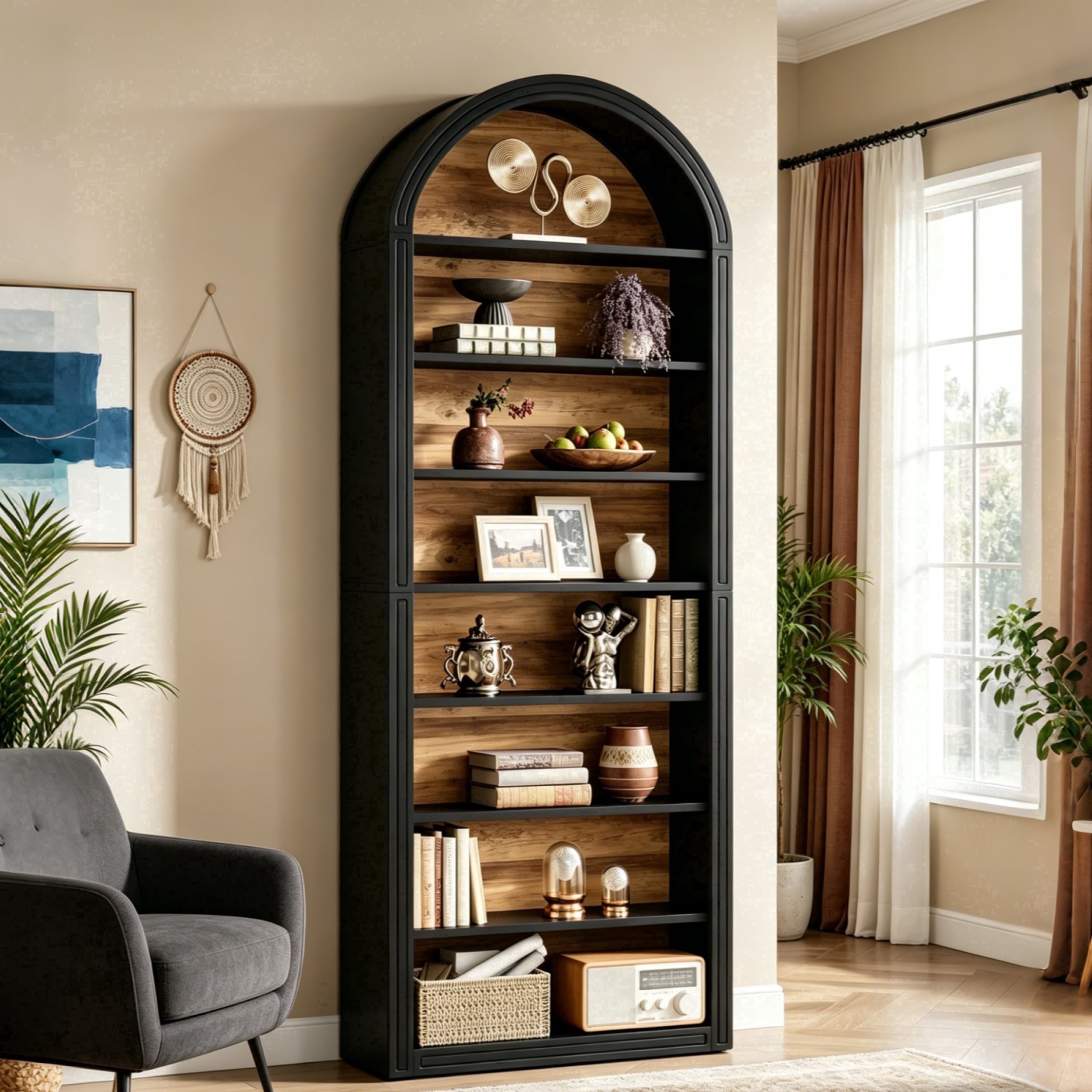 Fnova 78" Bookshelf, Farmhouse Tall 8-Tier Arched Bookcase, Wood Display Shelf Book Shelf Organizer for Living Room, Bedroom, Entryway,Black Brown,8-Tier