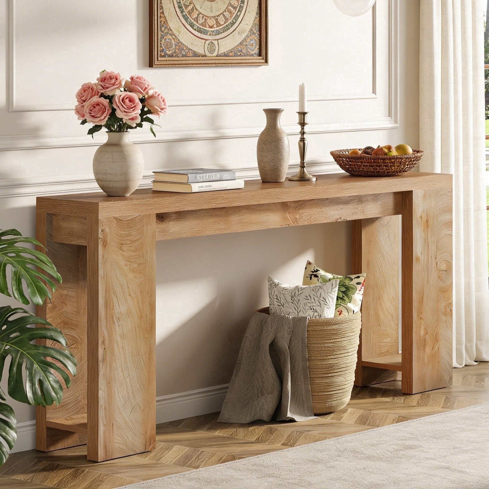Fnova 70.9" Extra Long Console Table, Wide Sideboard Sofa Table, Farmhouse Entryway Table Behind Couch Accent Table for Living Room Hallway Home Decor Furniture,Light Brown