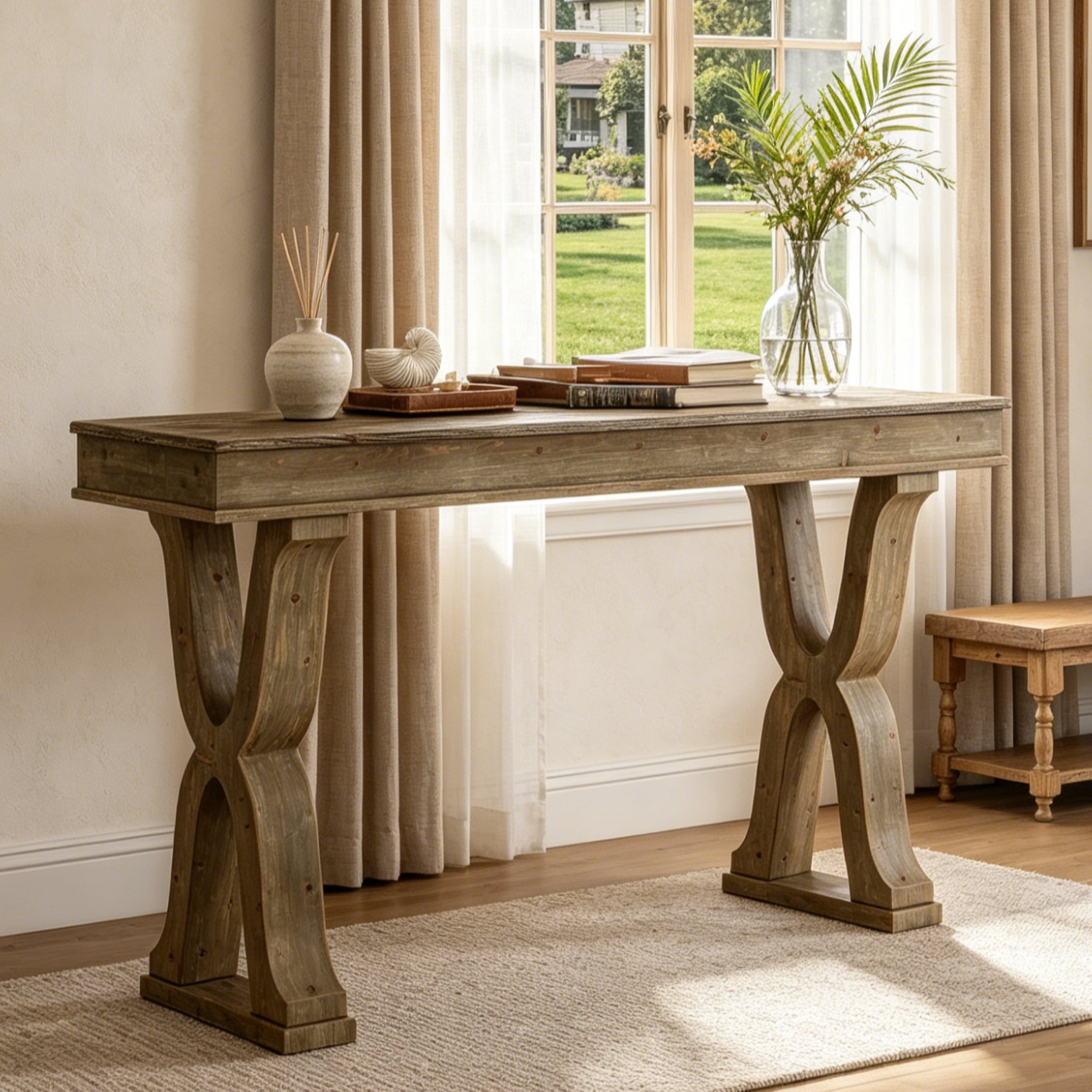 Fnova 63 Inch Solid Wood Farmhouse Console Table with X-Shaped Legs, Narrow Entryway Table, Hallway Sofa Table Behind Couch for Living Room, Foyer,Brown