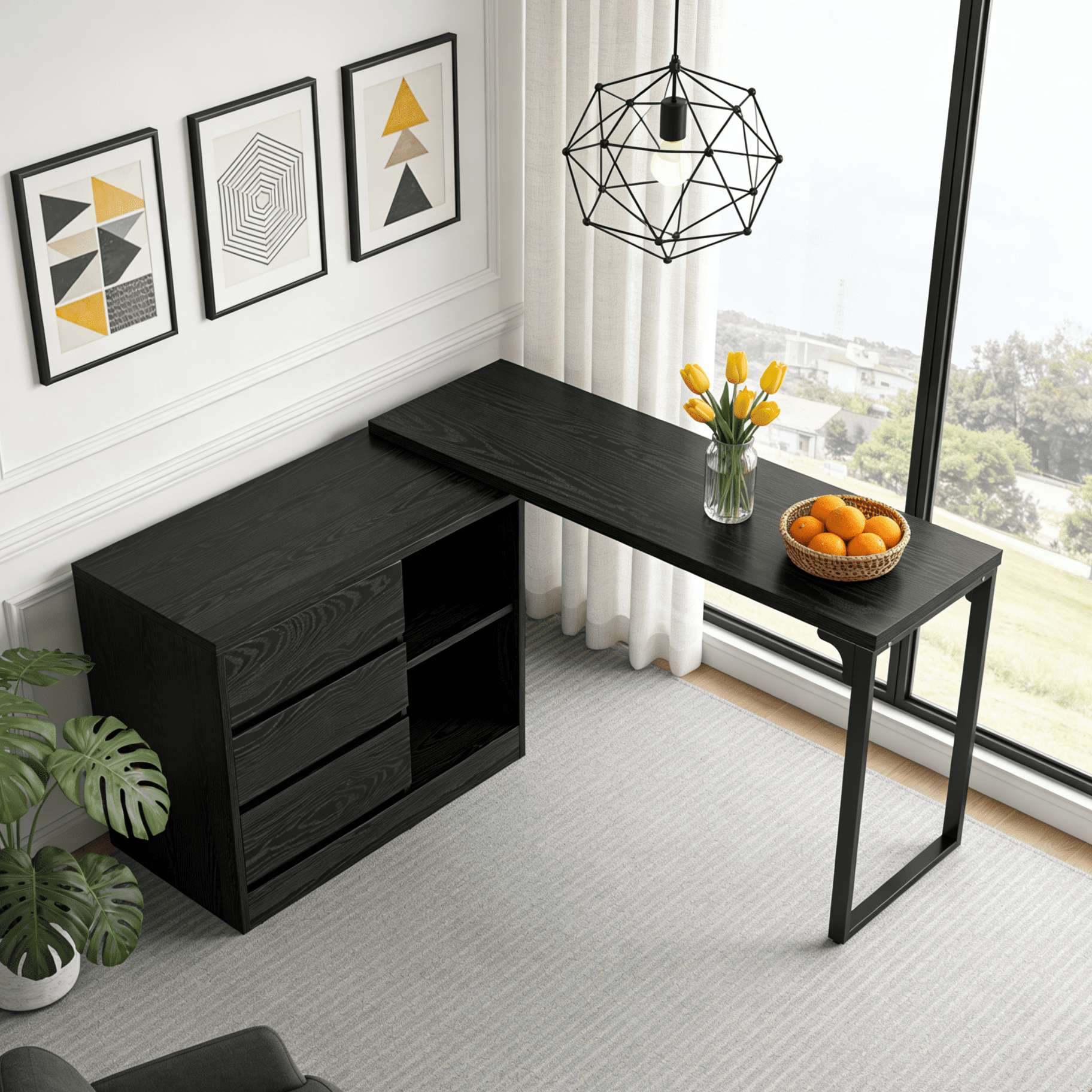 Fnova Reversible Computer Desk with Drawers, Shelves, Storage Cabinet, Modern L-Shaped Corner Office Desk for Home Office, Bedroom, Study, Writing,Black