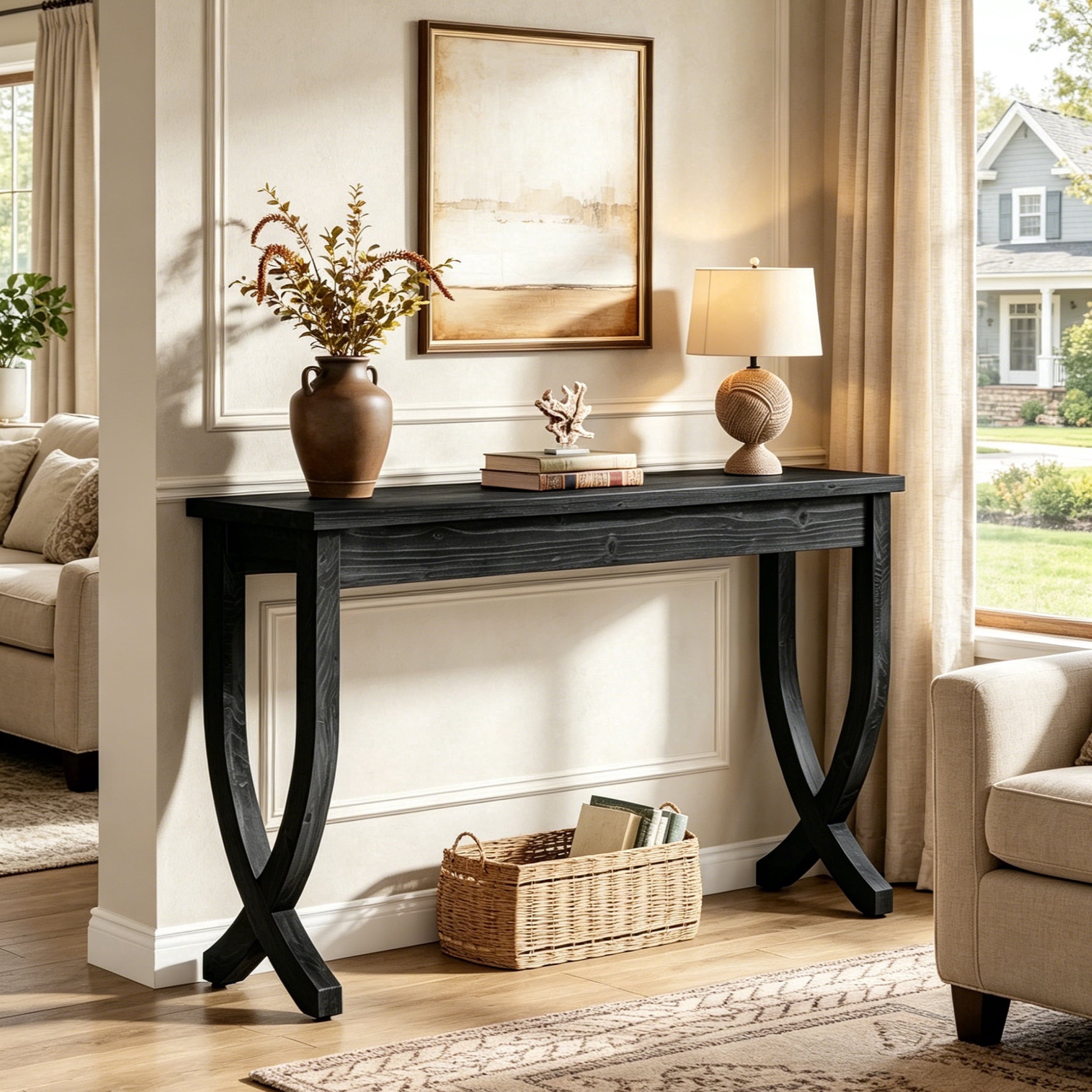 Fnova 63" Console Table, Long Farmhouse Entryway Table, Solid Wood Sofa Table with X-Shaped Legs for Living Room, Entrance, Foyer,Black