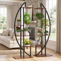 Fnova 5-Tier Plant Stand Pack of 2, Curved Metal Wood Display Shelf with Hanging Hooks, Multi-Purpose Tall Flower Rack for Indoor Outdoor Living Room Balcony Garden,WM010569_BNB_US