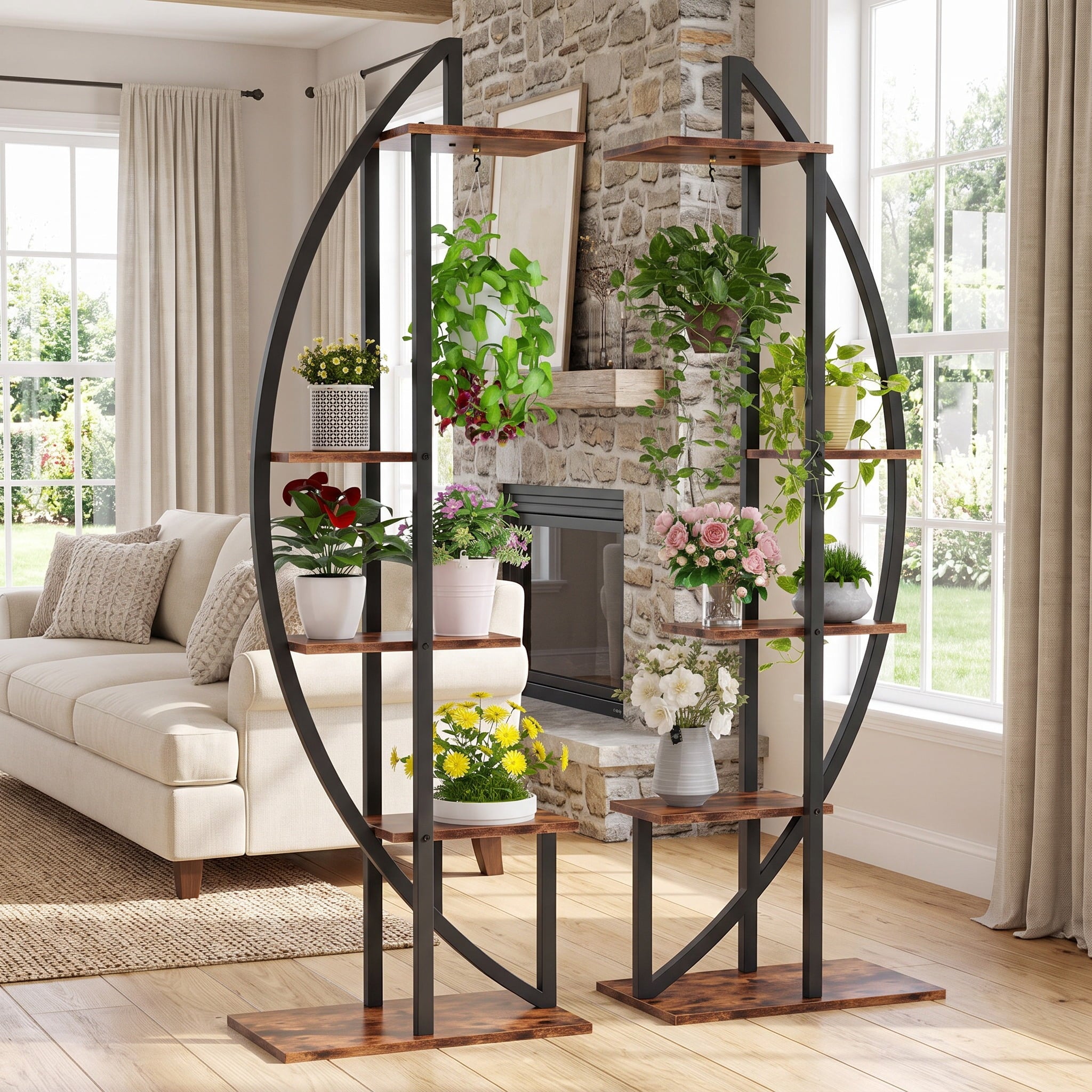 Fnova 5-Tier Plant Stand Pack of 2, Curved Metal Wood Display Shelf with Hanging Hooks, Multi-Purpose Tall Flower Rack for Indoor Outdoor Living Room Balcony Garden,WM010569_BNB_US