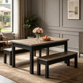Fnova 3 Pieces Dining Table Set for 4-6 with 2 Benches, 55" Farmhouse Wood Kitchen Table and Space Saving Tuck Under Benches for Kitchen Dining Room,Gray Black