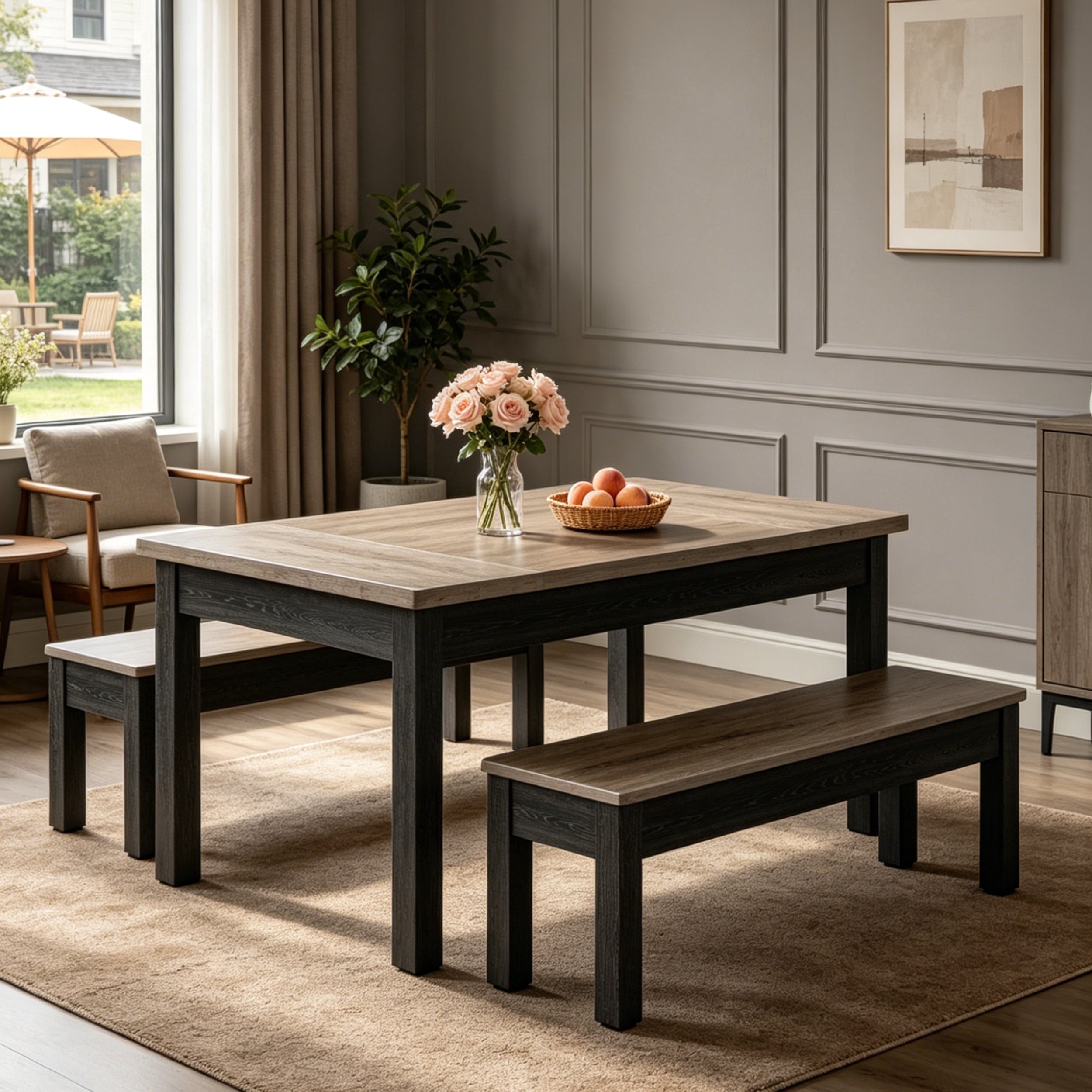 Fnova 3 Pieces Dining Table Set for 4-6 with 2 Benches, 55" Farmhouse Wood Kitchen Table and Space Saving Tuck Under Benches for Kitchen Dining Room,Gray Black