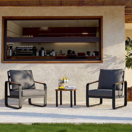 Fnova 3-Piece Outdoor Patio Furniture Set, 2 U-Shaped Metal Frame Accent Chairs with 1 Side Table, High Back Patio Chairs with Thick Cushions PET Fabric for Balcony, Deck, Backyard,WM011526_G_US