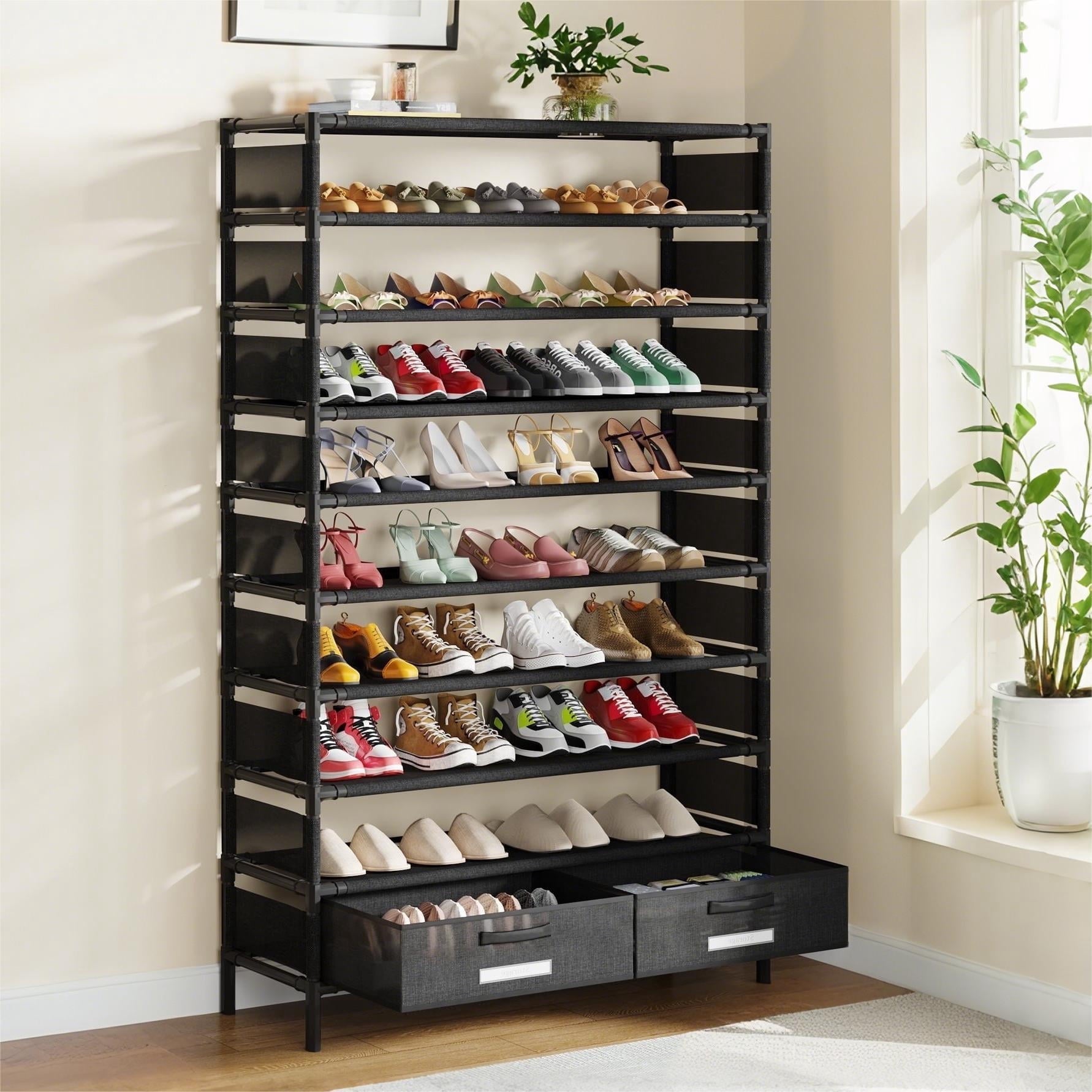 Fnova 8-Layer High Shoe Rack with 2 Storage Drawers, Tall Shoe Shelf Storage Organizer for Entryway, Closet, Bedroom,Black-2 Drawers