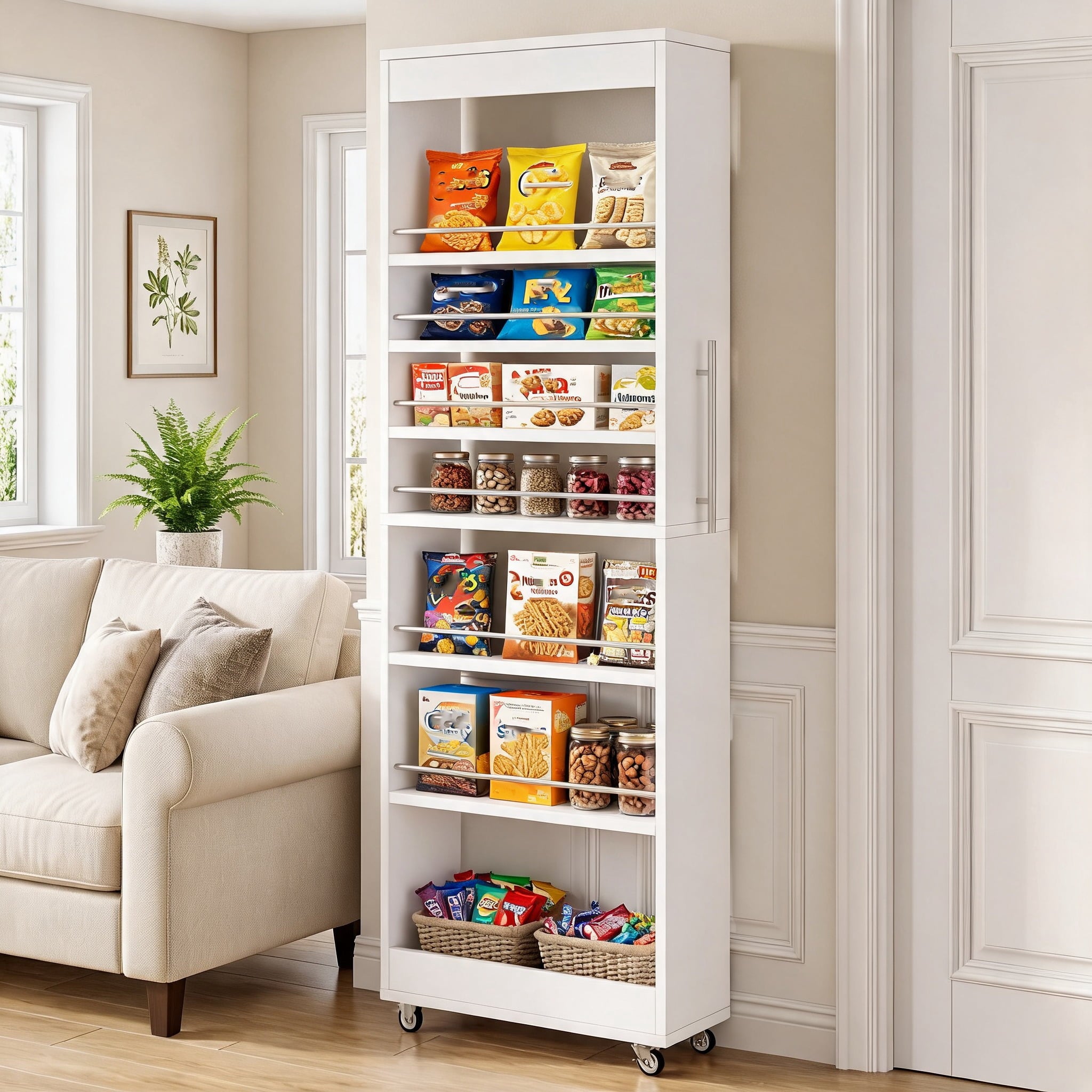 Fnova 73" Tall Slim Storage Cart on Wheels, 7-Tier Narrow Pantry Cabinet, Rolling Spice Rack Organizer for Kitchen, Skinny Pull-Out Storage Shelf for Small Spaces, White