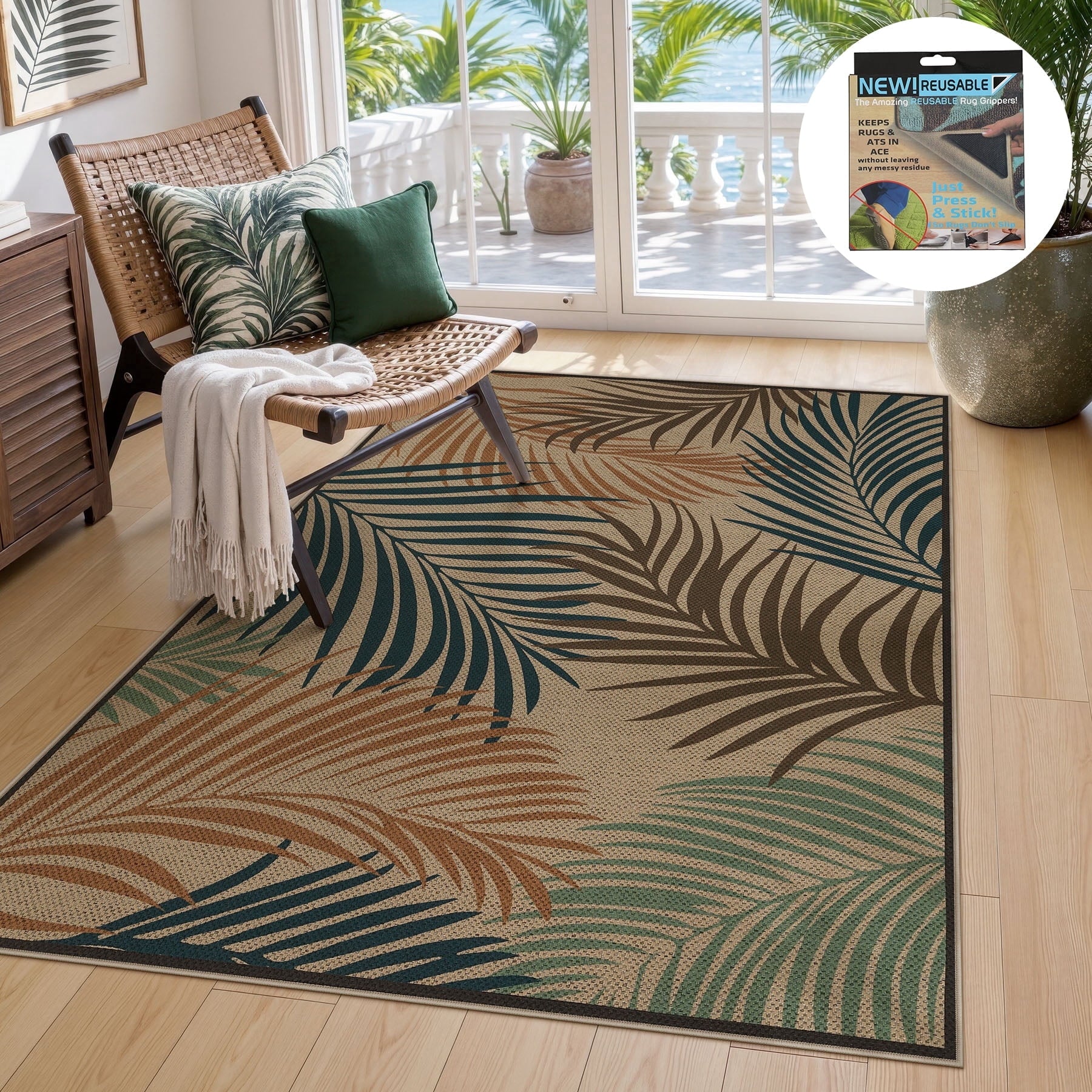Fnova Tropical Palm Leaf Area Rug, 3'x5' Machine Washable Non Slip Indoor Outdoor Rug for Living Room Bedroom Kitchen Patio, Kid and Pet Friendly Low Pile Carpet,Tropical Palm Leaf,3'x5'