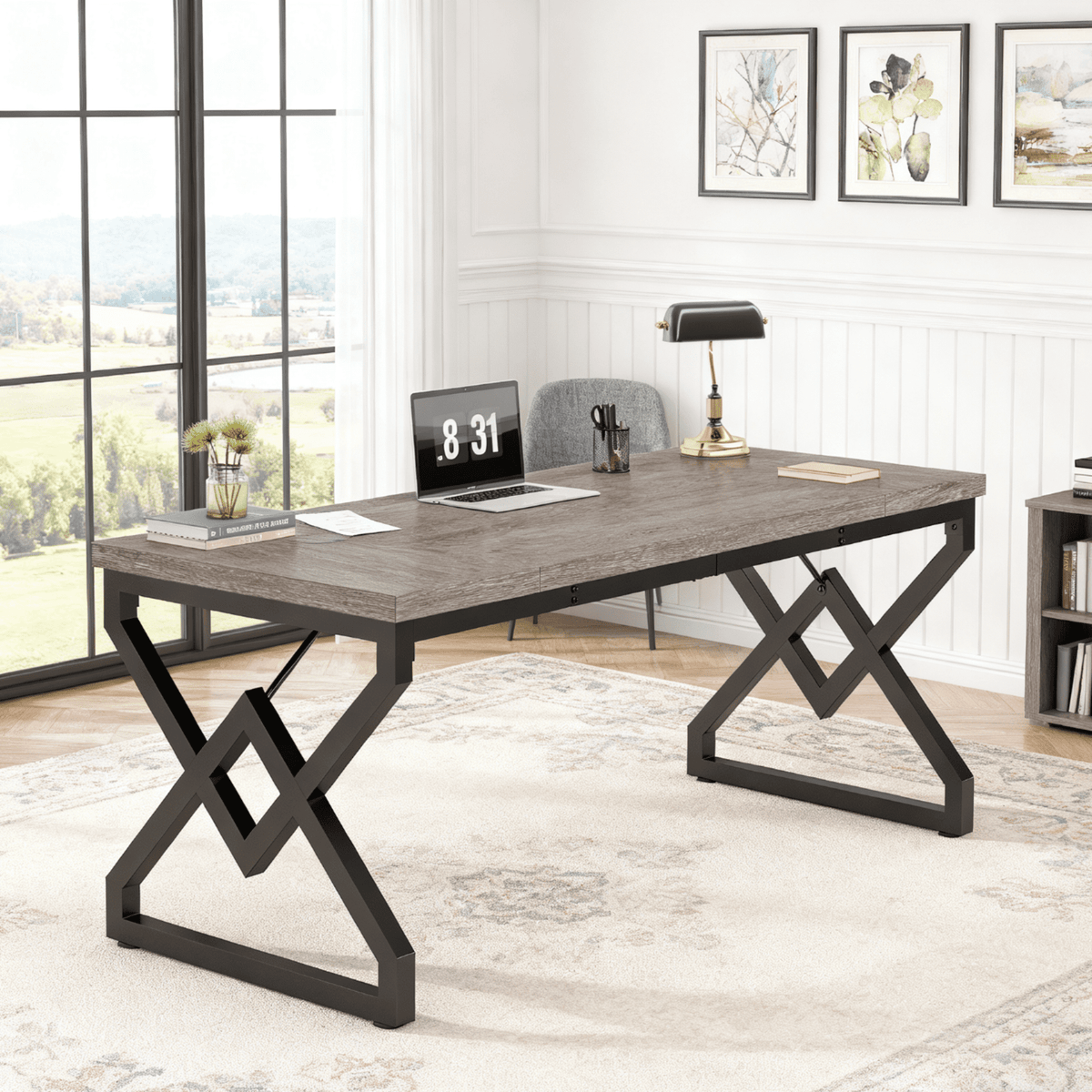Fnova 63-Inch Modern Desk, Long Rectangle Writing Computer Desk, Dining table for 4-6, Kitchen Table with Metal Frame, for Dining & Home Office, Easy Assembly,WM010288_G_Tables