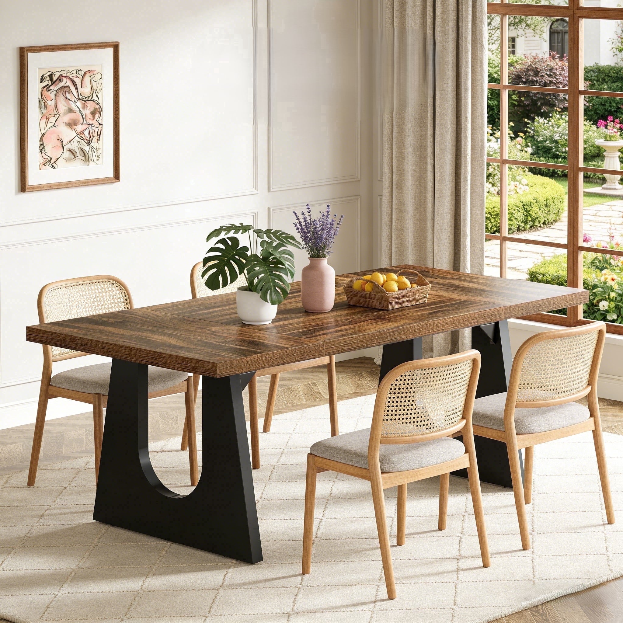 Fnova 70.9" Rectangular Dining Table for 6-8 People, Large Farmhouse Wood Kitchen Table with Heavy Duty Legs, Easy to Assemble,Brown and Black