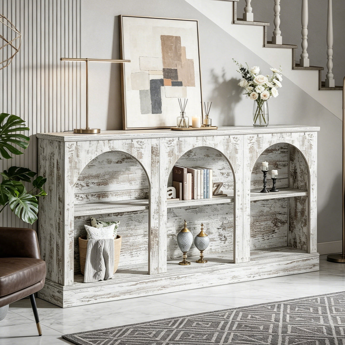 Fnova 63-Inch Farmhouse Console Table, Wooden Entryway Table with 3-Tier Storage, Rectangular Sofa Table for Entrance, Hallway, Living Room, Behind Couch,WM010278_W_Tables