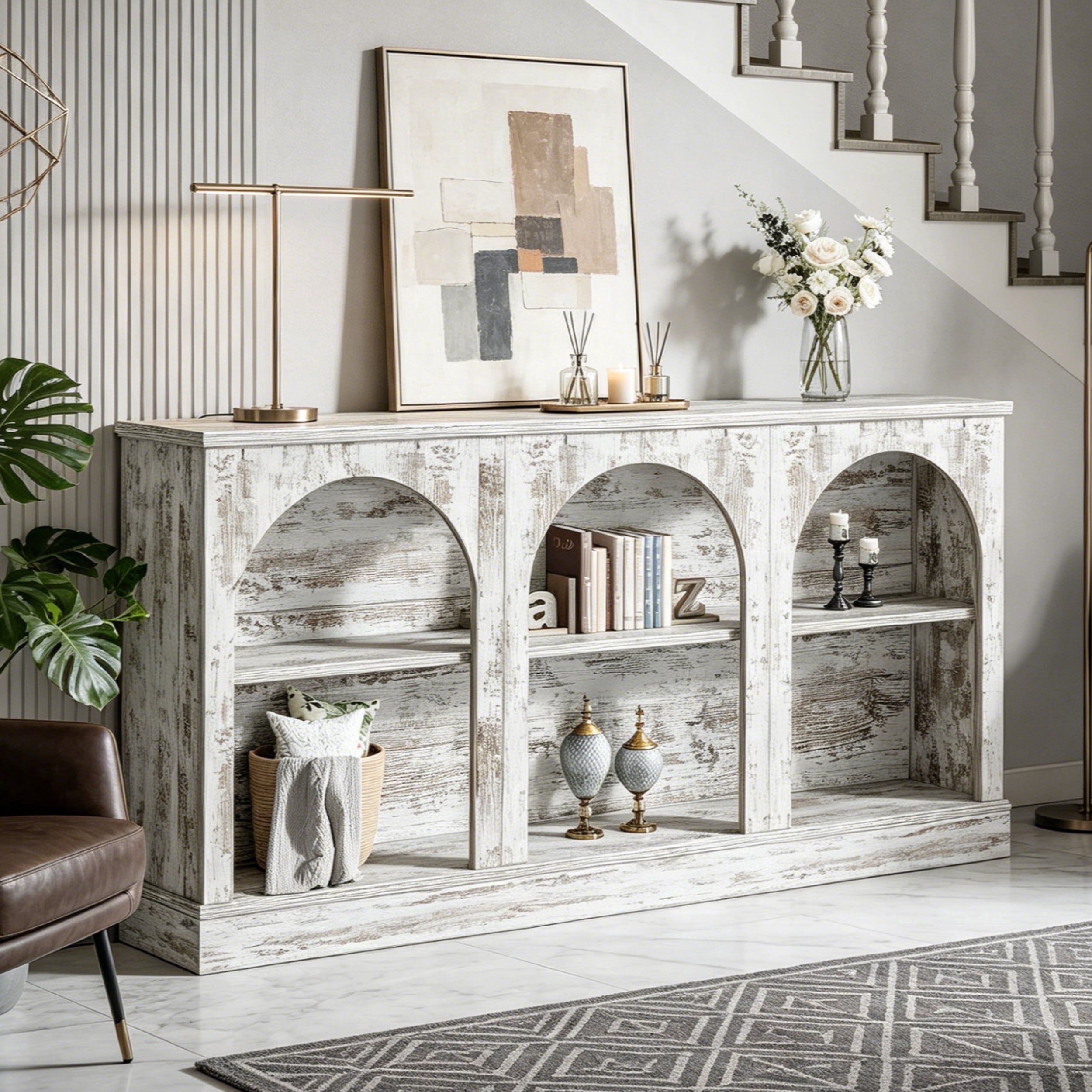 Fnova 63" Farmhouse Console Table, Wooden Entryway Table with 3-Tier Storage, Rectangular Sofa Table for Entrance, Hallway, Living Room, Behind Couch,White
