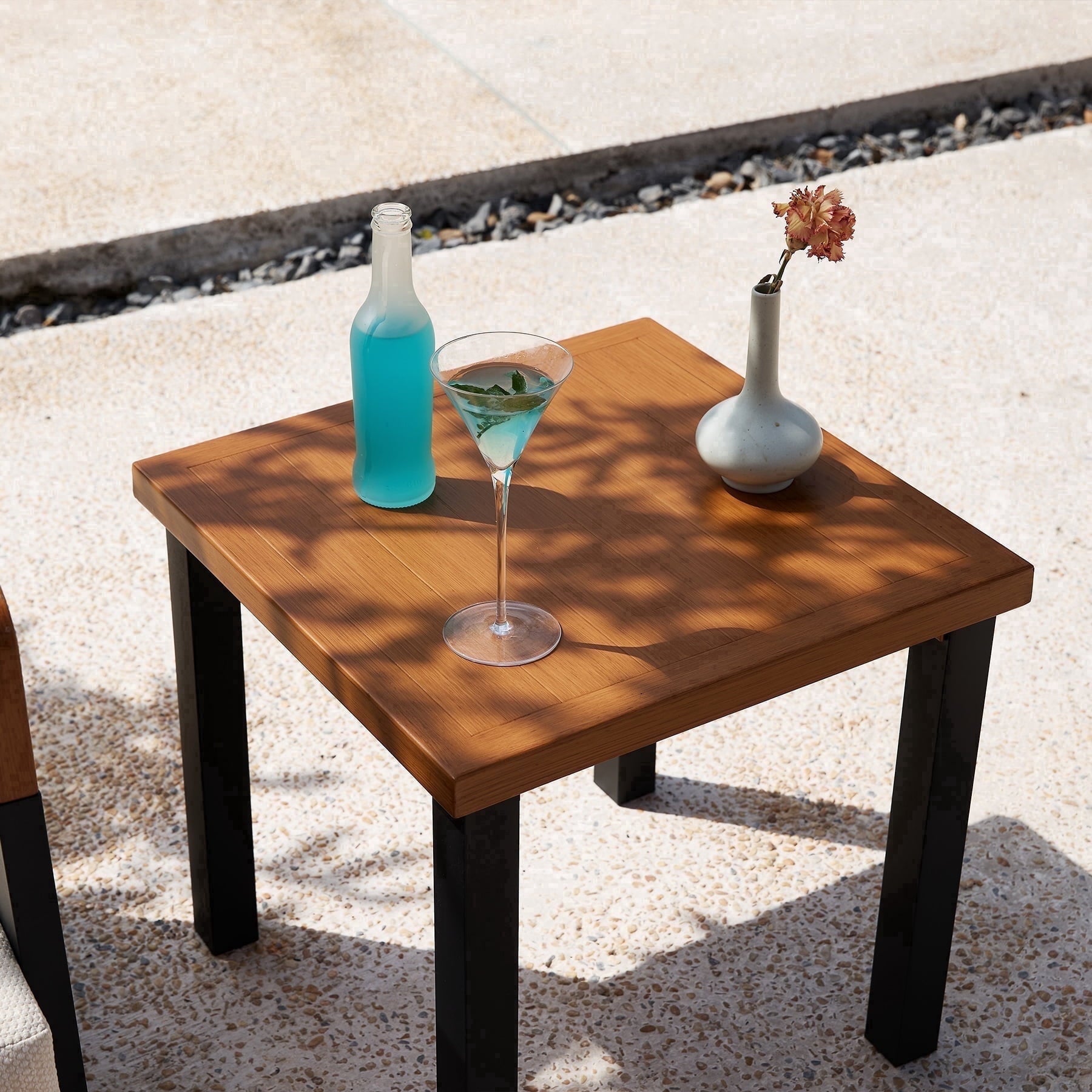 Fnova Outdoor Square Side Table, Patio Accent Table with Tempered Glass Top, Sturdy Metal Frame, Small End Table for Patio Balcony Garden Poolside,WM011508_BN_US
