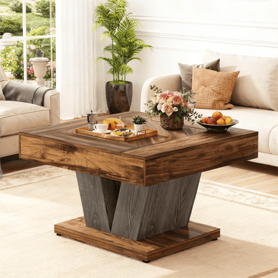 Fnova 31" Farmhouse Square Coffee Table, Wood Center Table Accent Table Sofa Table for Living Room,Brown