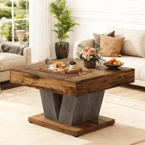 Fnova 31" Farmhouse Square Coffee Table, Wood Center Table Accent Table Sofa Table for Living Room,Brown