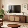 Fnova 70.9" Farmhouse TV Stand for TVs up to 80", Wood Rattan Entertainment Center with Storage Shelves for Living Room Bedroom,Brown