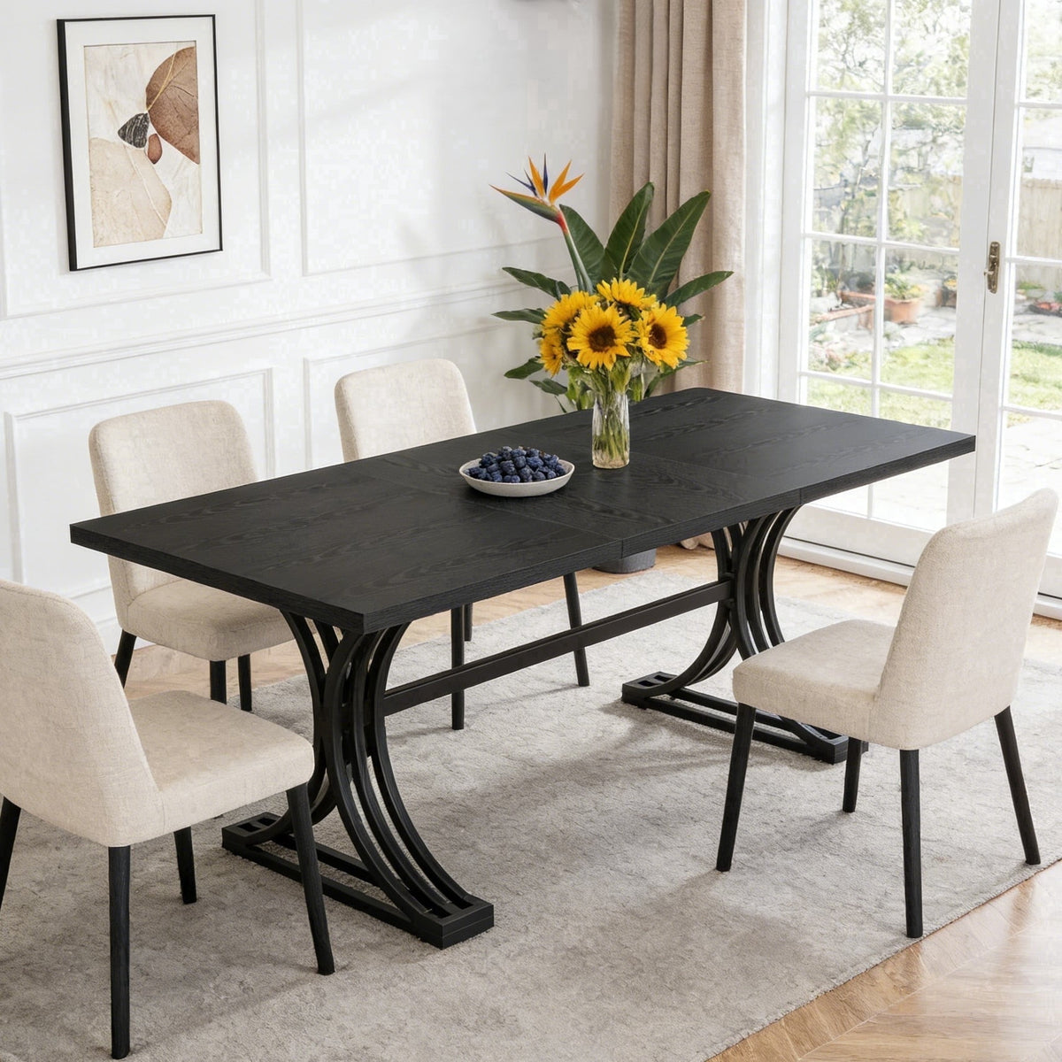 Fnova 63-Inch Modern Dining Table, Rectangular Wooden Top Kitchen Table, Stylish Metal Trestle Legs, Seats 4 to 6 for Dining Room & Kitchen, Living Room,WM010275_B_Tables