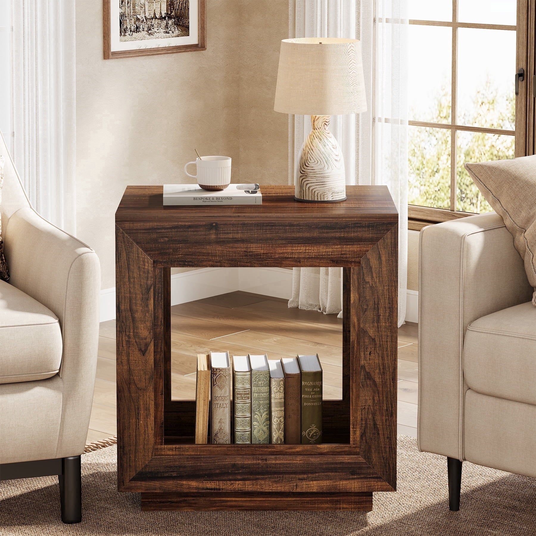 Fnova End Table Farmhouse Square Side Table with Storage, Wooden Sofa Table with Central Hollow Design, Modern Bedside Table, Easy Assembly, for Living Room, Bedroom, Nightstand, Dark Walnut,Dark Walnut