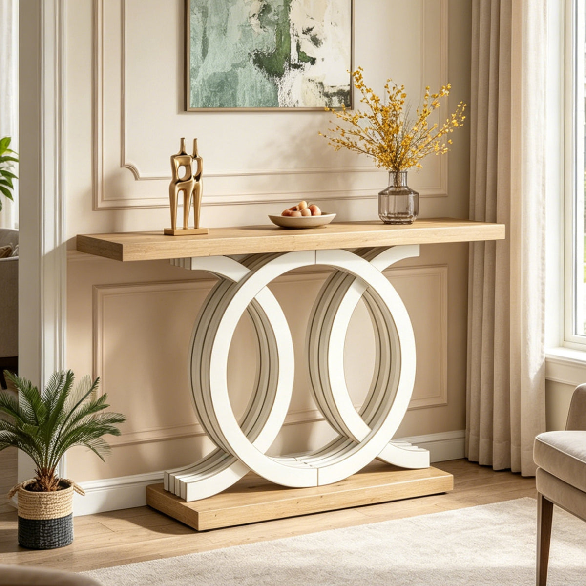 Fnova 55-Inch Console Table with Geometric Base, Modern Wood Narrow Entryway Table Sofa Table for Living Room, Hallway, Foyer,WM010335_LBNW_US