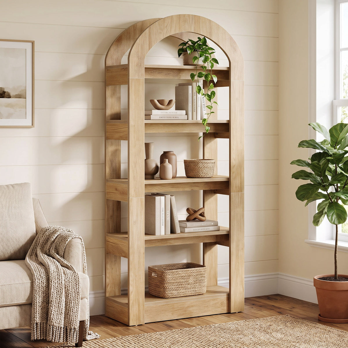 Fnova 5-Tier Arch-Shaped Storage Shelf Unit, Modern Open Display with Anti-Tip Kit for Living Room Bedroom Home Office,WM010565_BN_US
