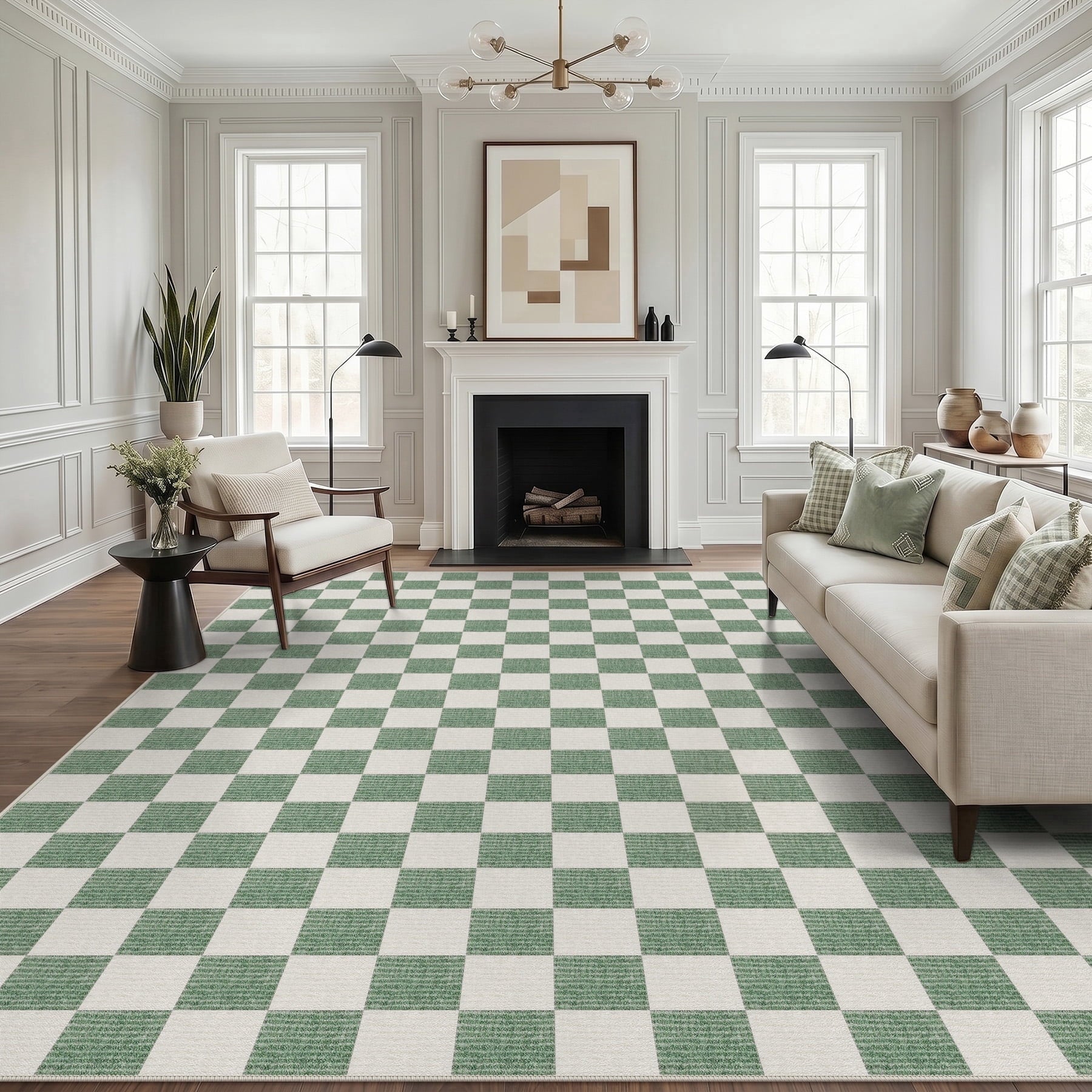 Fnova Checkered Area Rug, 9' x 12' Machine Washable Non Slip Rug for Living Room Bedroom Kitchen, Kid and Pet Friendly Low Pile Indoor Carpet,Green & Beige,9' x 12'