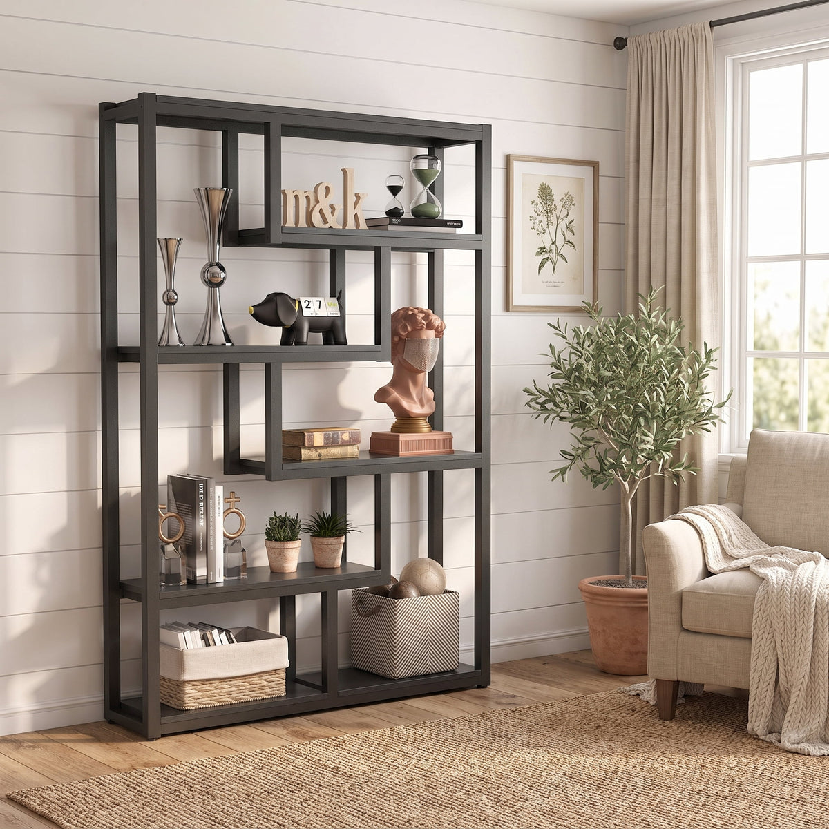 Fnova 69-Inch Industrial Storage Shelf Unit, 6-Tier Staggered Etagere Bookcase Display for Living Room Bedroom Home Office,WM010554_B_US