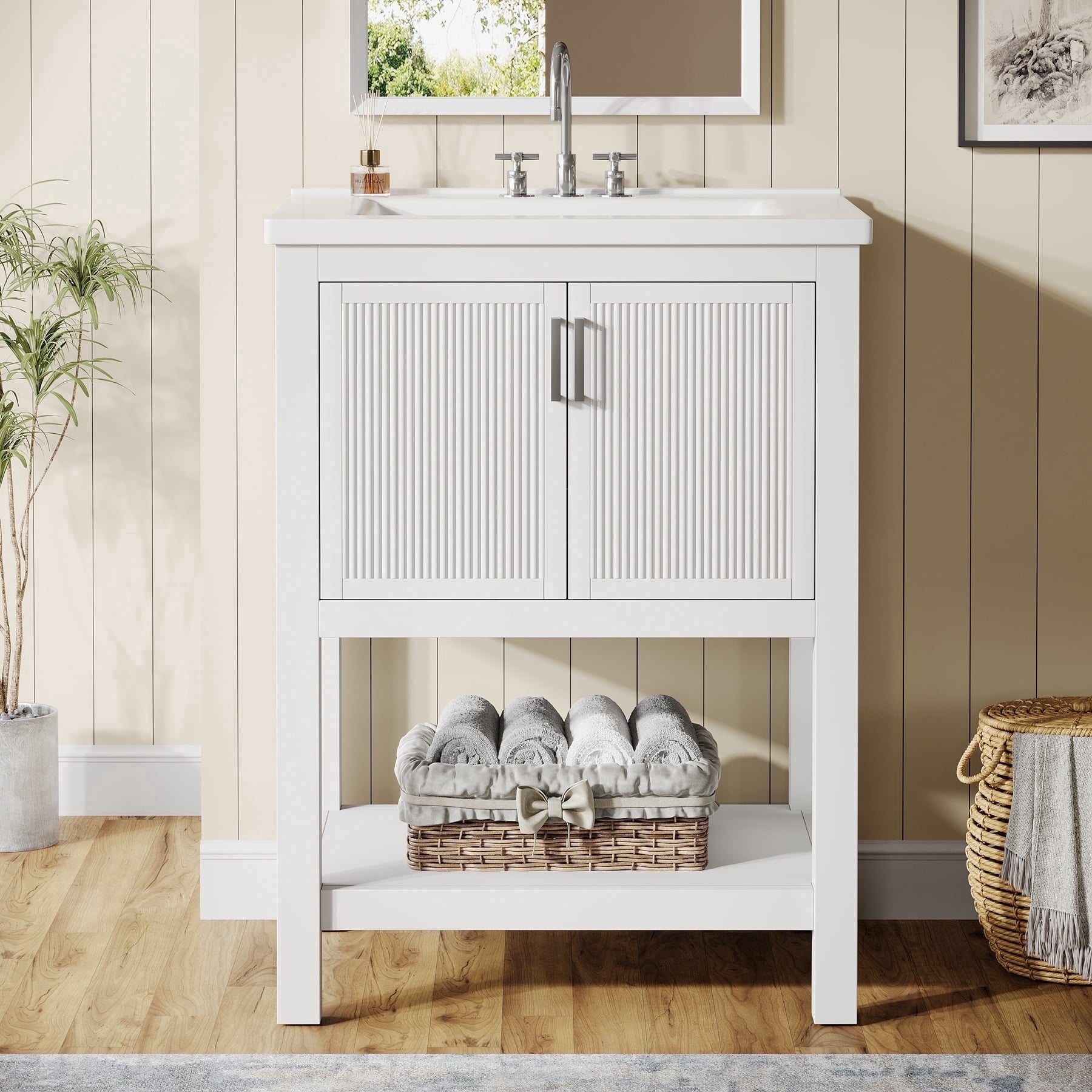 Fnova 24-Inch Bathroom Vanity with Sink, Modern Bathroom Sink Cabinet with Ceramic Basin for Small Space, Freestanding Storage Cabinet with 2 Doors & 1 Open Shelf, White,WM011302M_W_US