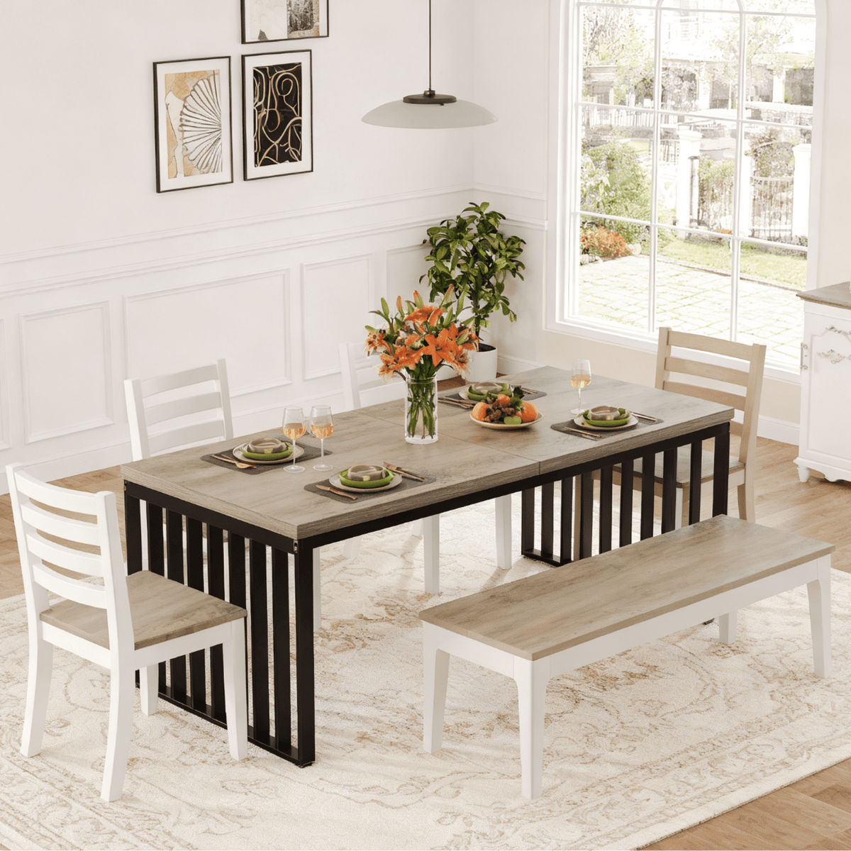 Fnova 78.74-Inch Industrial Dining Table for 6-8 Person, Long Rectangle Wood Kitchen Table with Heavy Duty Metal Frame for Living Room & Home Office,WM010264_LBN_Tables