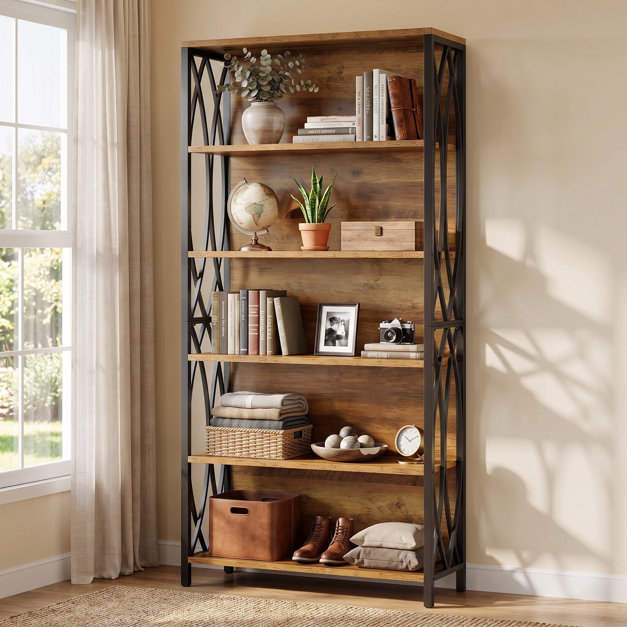 Fnova 70.87-Inch Tall Industrial Storage Shelf Unit, Geometric Frame Open Bookcase Display for Living Room Bedroom Home Office Kitchen,WM010559_BNB_US