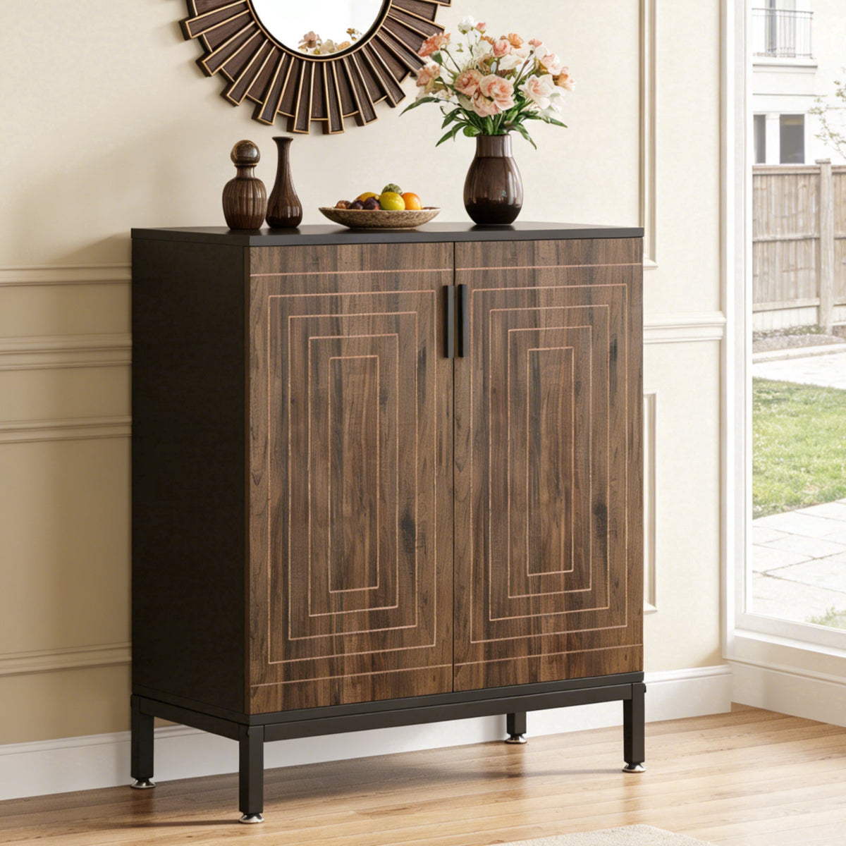 Fnova 5-Tier Modern Cabinet, Side Cabinet with Adjustable Shelves, Shoe Storage, 15-20 Pairs, Geometric Doors, Wood & Metal for Entryway, Hallway, Living Room, Bathroom,WM011316_BN_Cabinet