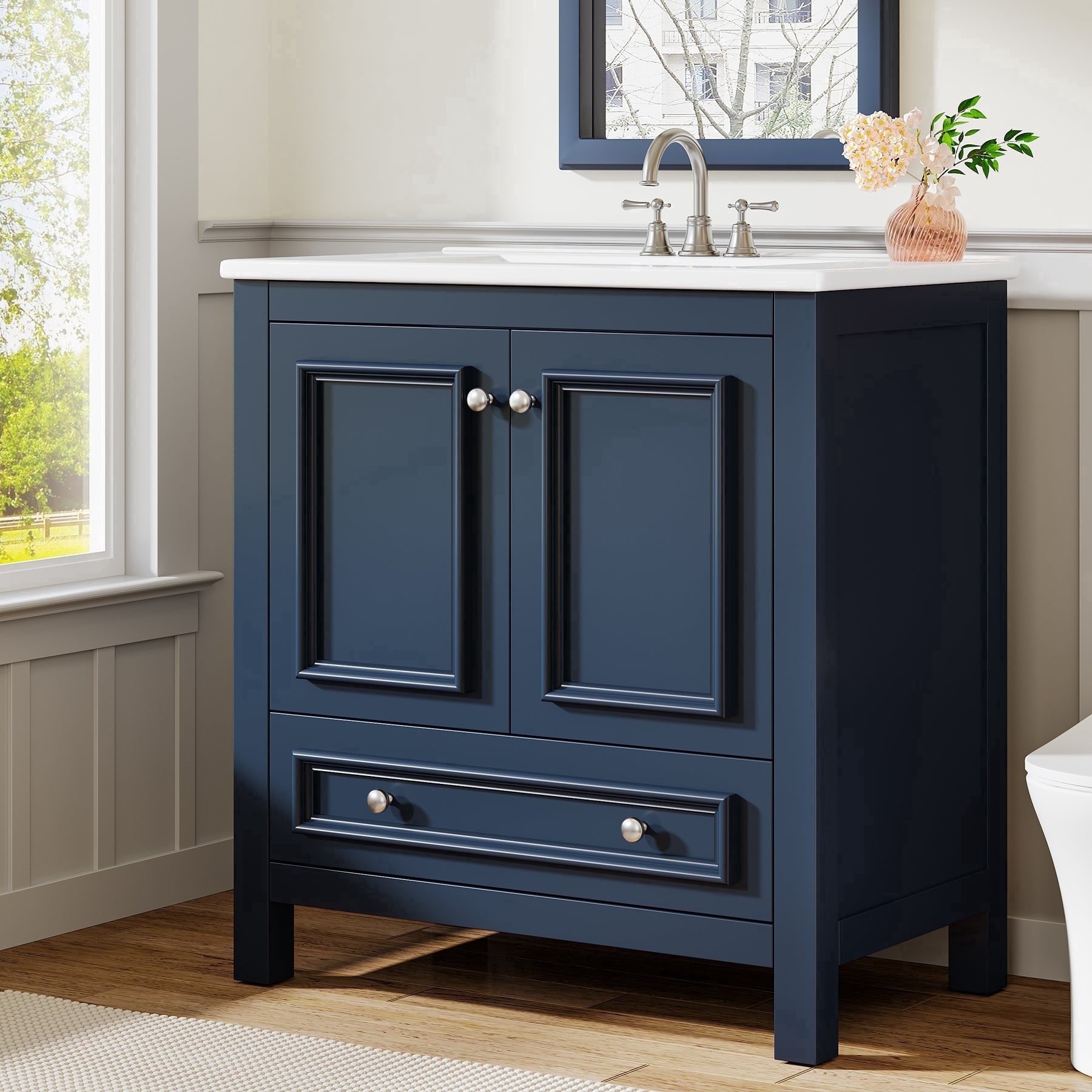 Fnova 30" Modern Bathroom Vanity with Sink, Freestanding Bathroom Vanities Cabinet, Bathroom Sink Cabinet with 2 Doors and 1 Drawer, Solid Wooden Frame, Navy Blue,Navy Blue