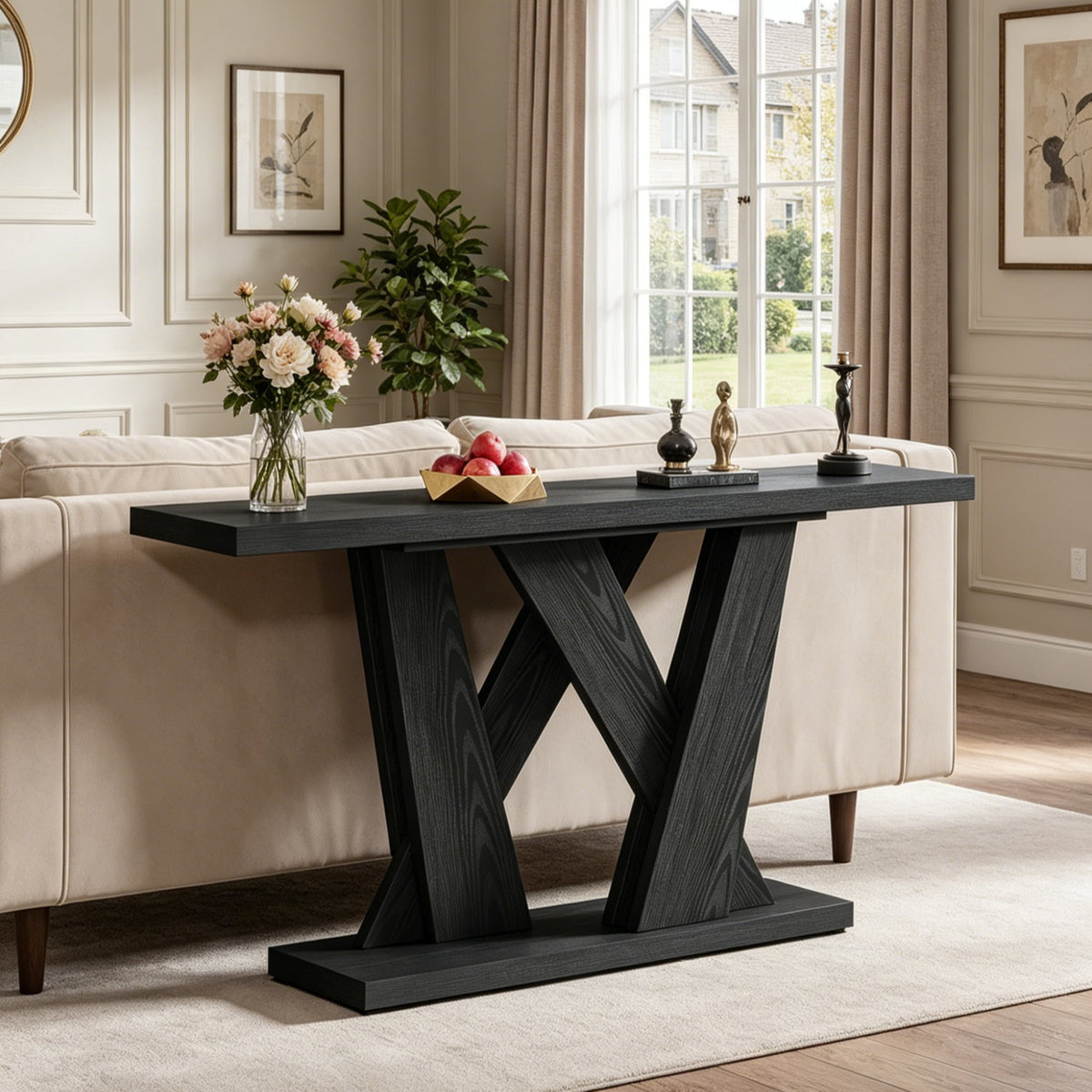 Fnova 55-Inch Farmhouse Console Table, Skinny Wood Sofa Table with X-Shaped Base, for Entryway, Living Room, Hallway & Behind Couch, Easy Assembly,WM010318_B_US