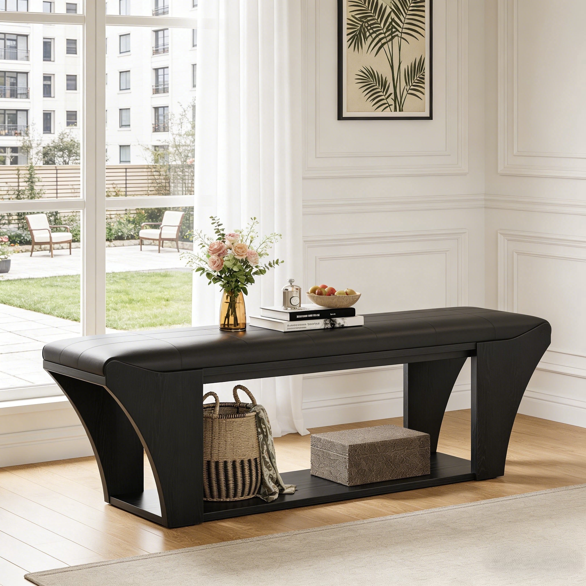 Fnova 57-Inch Modern Entryway Bench with Leather Padded Seat, Long Black Dining Kitchen Benches for 2-3, Upholstered Stools with Open Storage Shelf for Entryway, Hallway, Living Room,WM011206_B_Bench