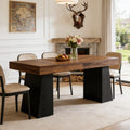 Fnova 55" Modern Dining Table, Mid-Century Wood Rectangular Writing Desk, Computer desk with Double Trapezoid Base, Seats 4-6 - Perfect for Home Office, Dining Room, Kitchen & Living Room,Brown and Black