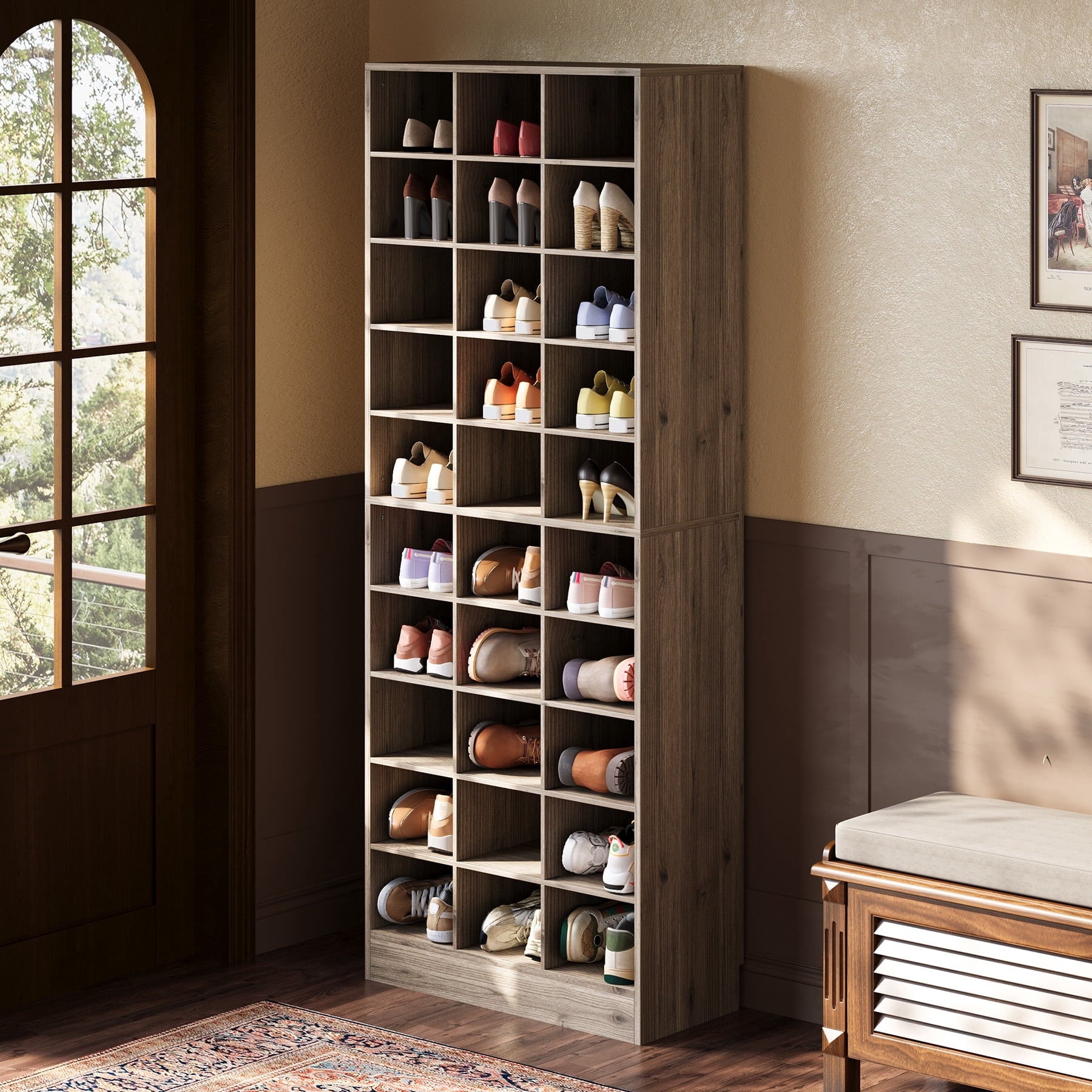 Fnova 71" Storage Shelf, Modern Freestanding Wooden Bookshelf, 30-Cubby Shoe Cabinet With 8 Adjustable Shelves, Large Open Bookcase Display Organizer for Living Room, Bedroom, Home Office, Gray,Gray