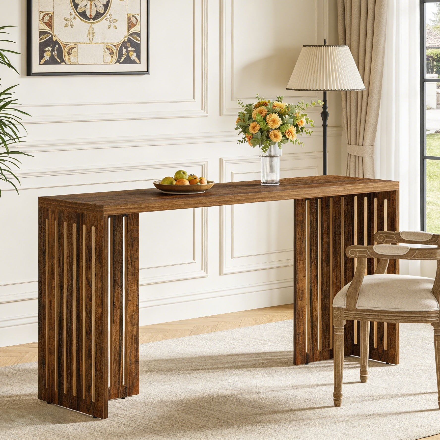 Fnova 63" Pub Table, Rectangular Wood Kitchen Dining Counter Workspace High Top with Louvered Base, for Kitchen, Dining Room & Commercial Use,Brown