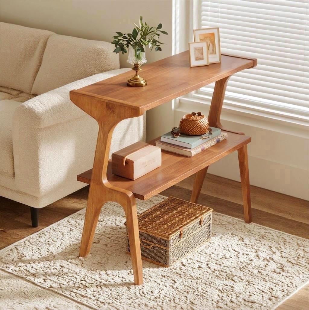 Fnova End Table Narrow Side Tables Modern Wooden Sofa Table with Storage Shelf, Farmhouse Bedside Table, Easy Assembly, Corner Table, Drink Table for Living Room, Bedroom, Nightstand,Warm Brown
