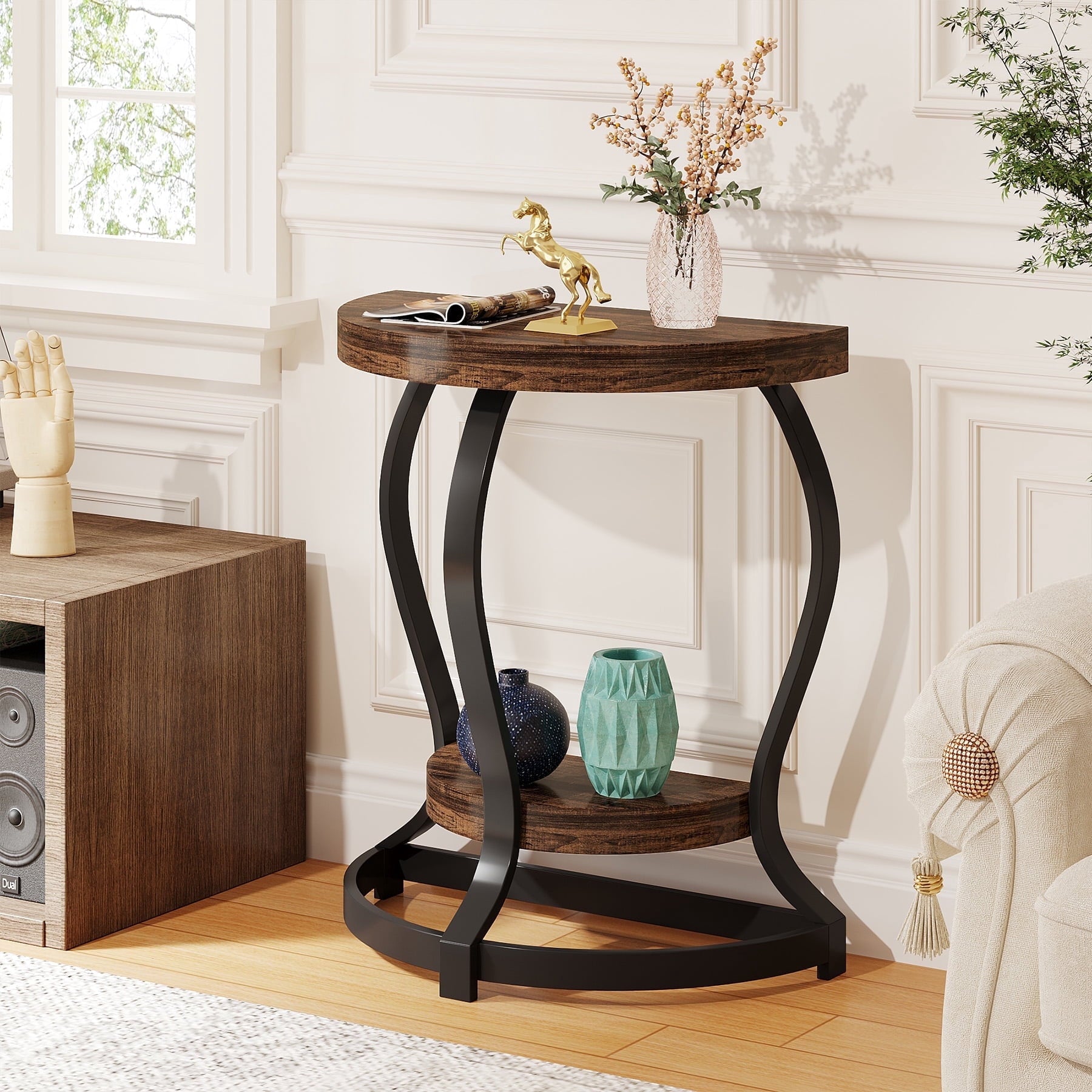 Fnova Half-Moon End Table, Industrial Side Table with 2 Shelves, Metal Frame & Wood Grain Finish, for Living Room, Bedroom, Entryway, Easy Assembly,WM010120_BN_Tables