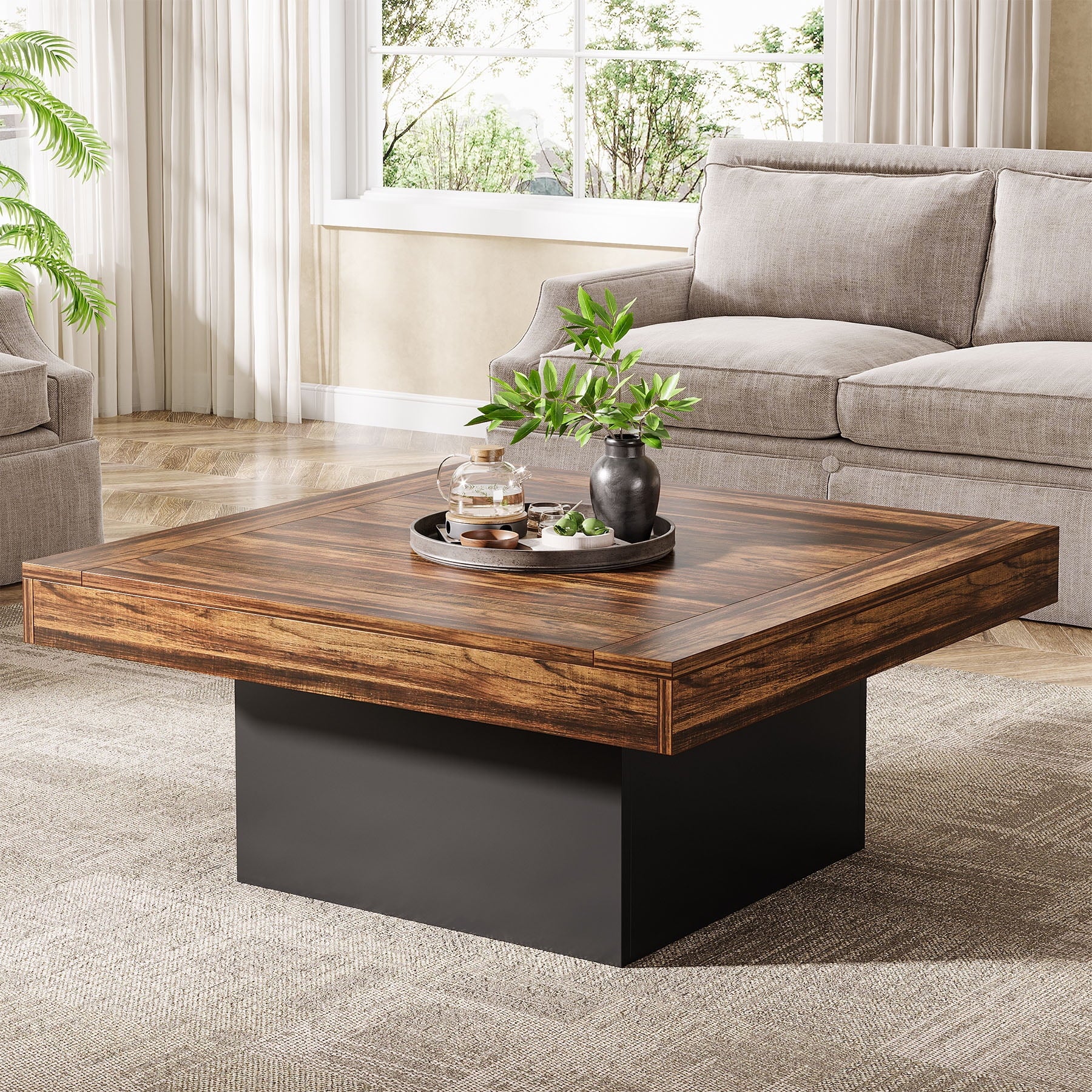 Fnova 36" Farmhouse Coffee Table with LED Lights, Rustic Wood Coffee Table for Living Room, Dark Brown and Black,Dark Brown and Black