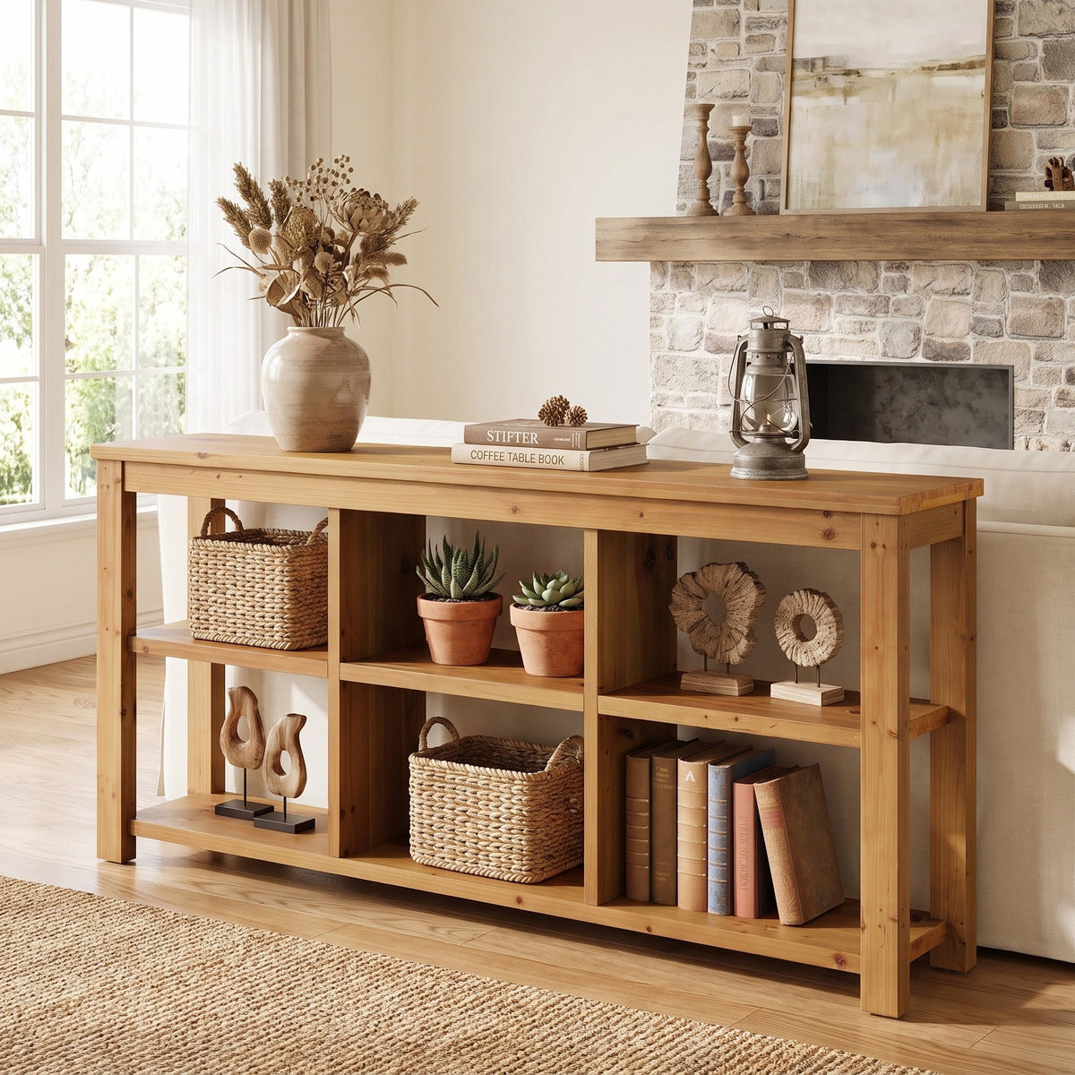 Fnova 63 Inch Solid Wood Console Table, 3-Tier Farmhouse Sofa Table Behind Couch with 6 Storage Cubes for Living Room, Hallway, Foyer,WM010981_BN_US