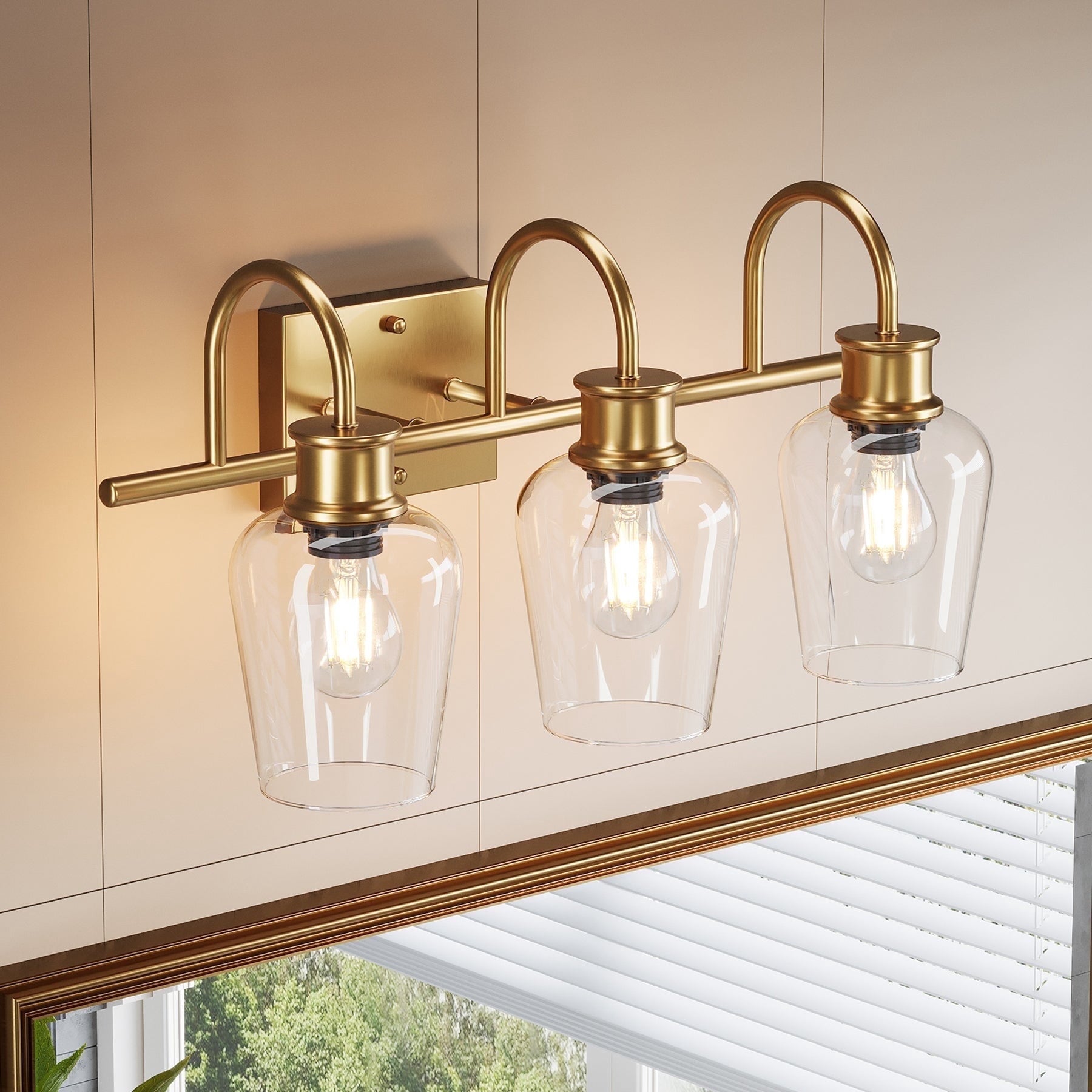 Fnova 3-Light Gold Vanity Lights, Modern Bathroom Vanity Light Fixtures with Clear Glass Shade, E26 Base (Bulb Not Included),0