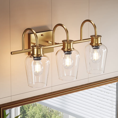 Fnova 3-Light Gold Vanity Lights, Modern Bathroom Vanity Light Fixtures with Clear Glass Shade, E26 Base (Bulb Not Included),0