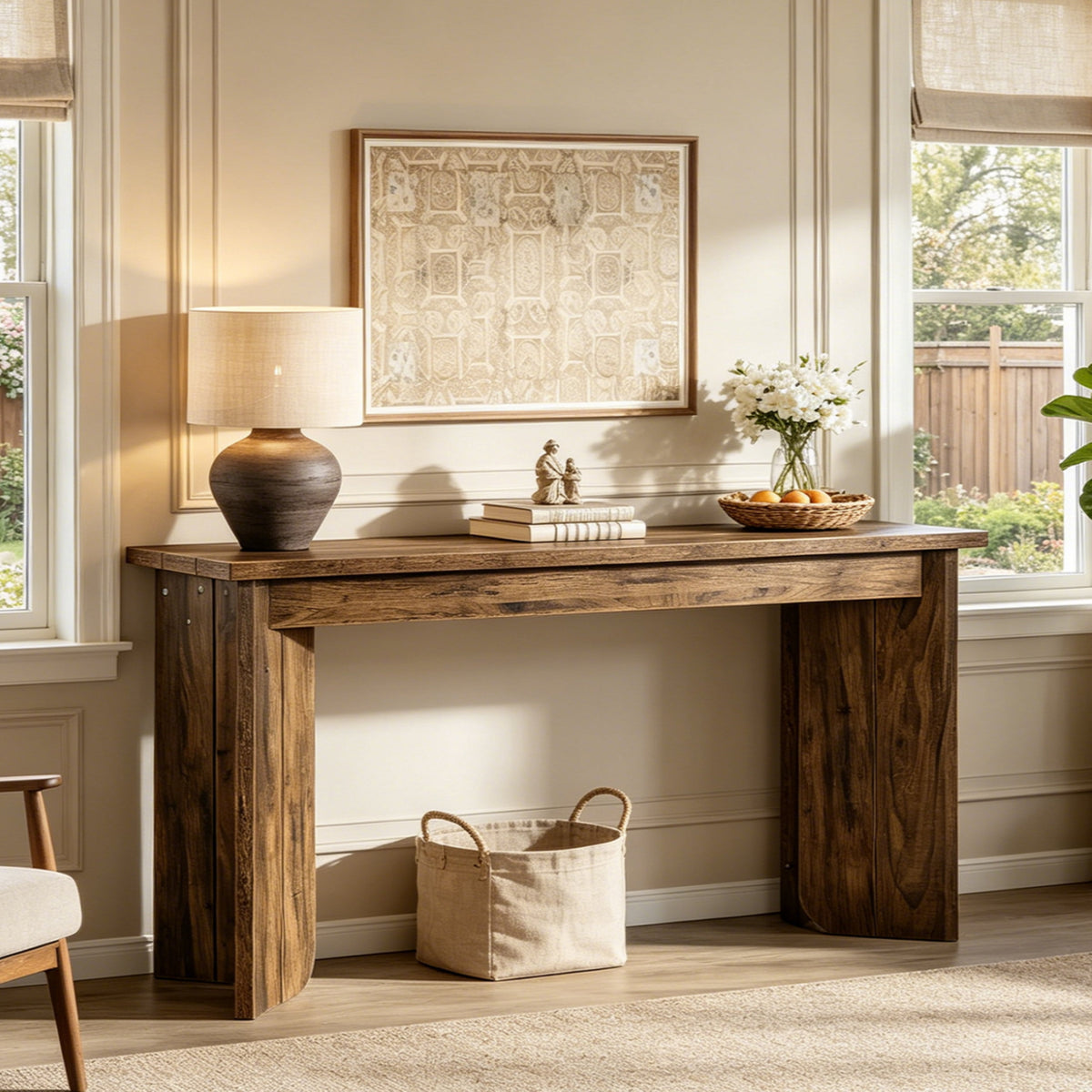 Fnova 70.9-Inch Farmhouse Console Table, Extra Long Wood Entryway Table Sofa Table Behind Couch with Widened Tabletop & Double Pedestal for Living Room, Hallway, Foyer,WM010362_DBN_US