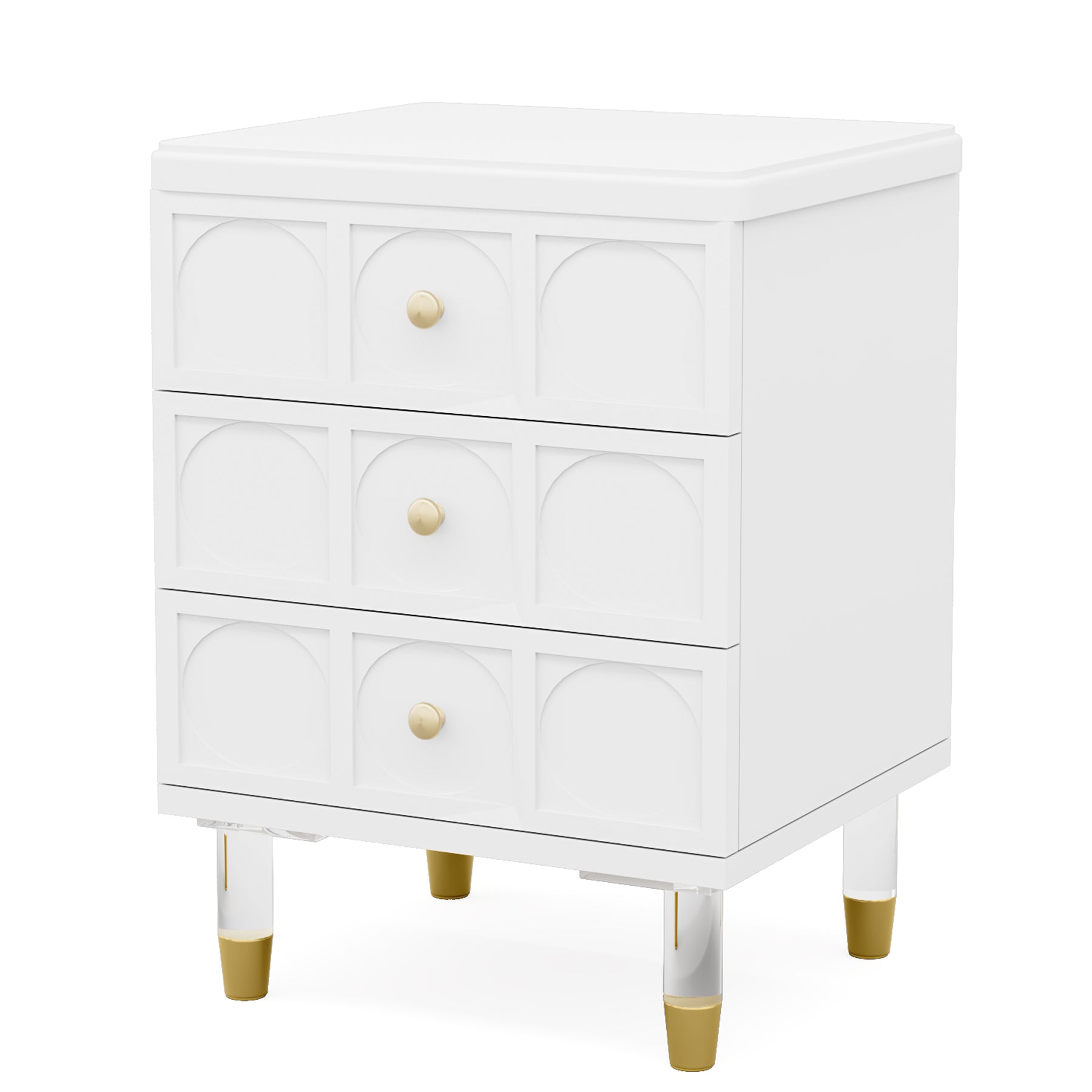 Fnova Nightstand with 3 Drawers, White and Gold Nightstands Bedside Table, Modern Night Stand, Small Chest of Drawers, Sofa End Tables with Storage for Dorm, Bedroom
