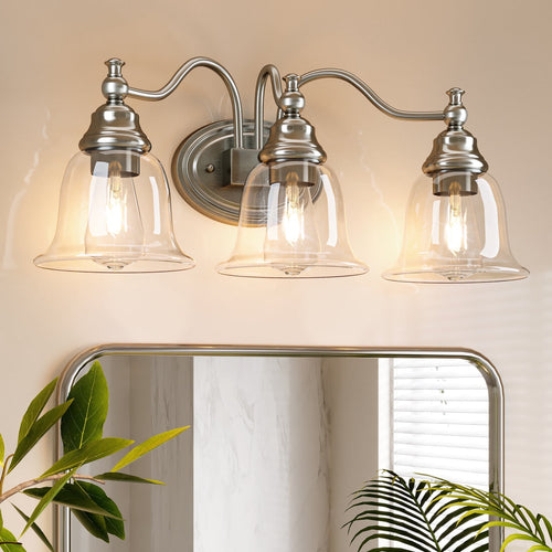 Fnova 3-Light Bathroom Light Fixtures, Modern Vanity Light with Clear Glass Shade, Bathroom Wall Lamp for Mirror Living Room Kitchen Hallway Porch, E26 Base (Bulbs Not Included),Sliver