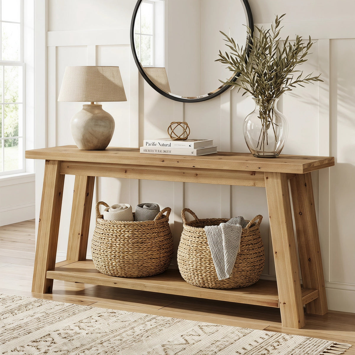 Fnova 70.9-Inch Solid Wood Console Table, Farmhouse 2-Tier Entryway Table with Storage, Narrow Long Sofa Table for Living Room, Hallway,WM010922_LBN_US