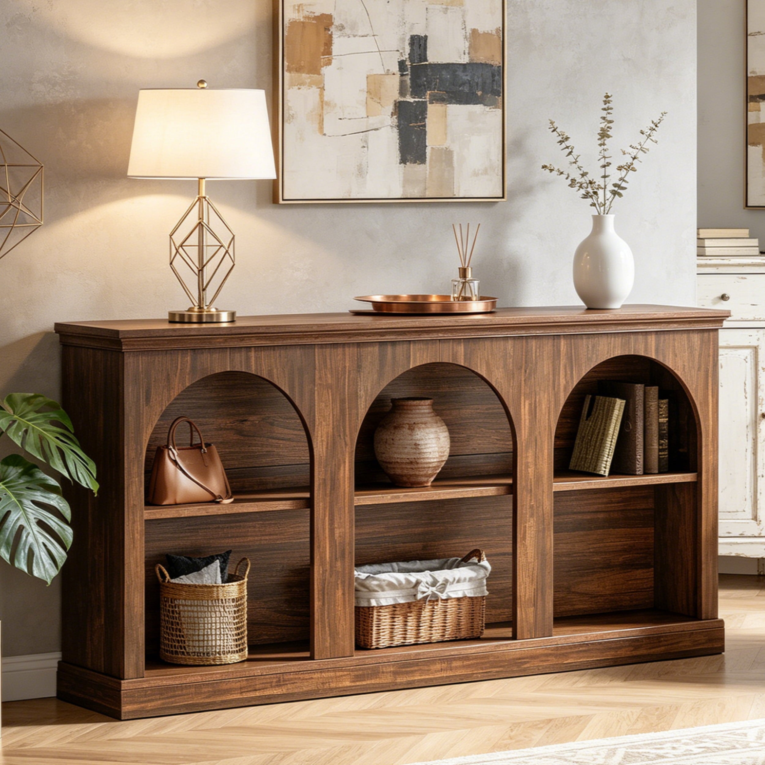 Fnova 63" Farmhouse Console Table, Wooden Entryway Table with 3-Tier Storage, Rectangular Sofa Table for Entrance, Hallway, Living Room, Behind Couch,Warm Brown