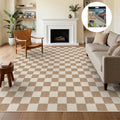 Fnova Checkered Area Rug, 8' x 10' Machine Washable Non Slip Rug for Living Room Bedroom Kitchen, Kid and Pet Friendly Low Pile Indoor Carpet,Brown & Beige,8' x 10'