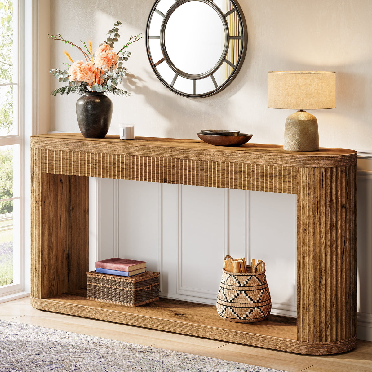 Fnova 63-Inch Industrial Console Table, Fluted Narrow Sofa Table with Semi-Cylinder Supports, Easy Assembly, for Entryway, Hallway, Foyer, Living Room,WM010314_BN_Console
